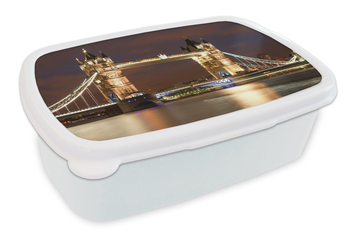 MuchoWow Lunchbox London - Nacht - Brücke, Kunststoff, (2-tlg), Brotbox für Kinder und Erwachsene, Brotdose, für Jungs und Mädchen weiß