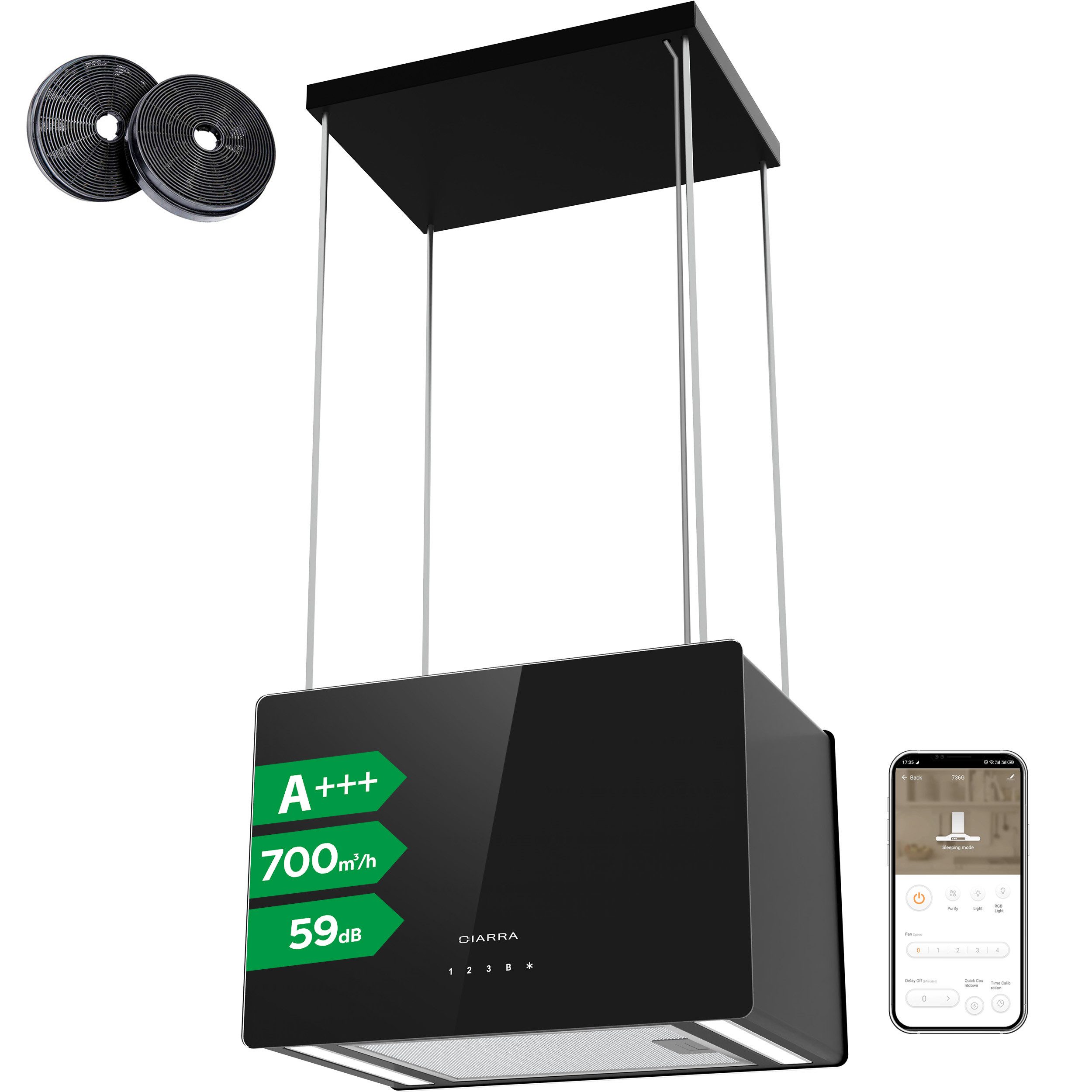 CIARRA Inselhaube 48 cm A+++ 700 m³/h leise Dunstabzugshaube freihängend Umluft CBCB4850 48 cm A+++ 700 m³/h leise Dunstabzugshaube freihängend Umluft CBCB4850, WIFI-APP Touch Control Inkl. BOOST 4 Stufen mit Kohlefilter & LED