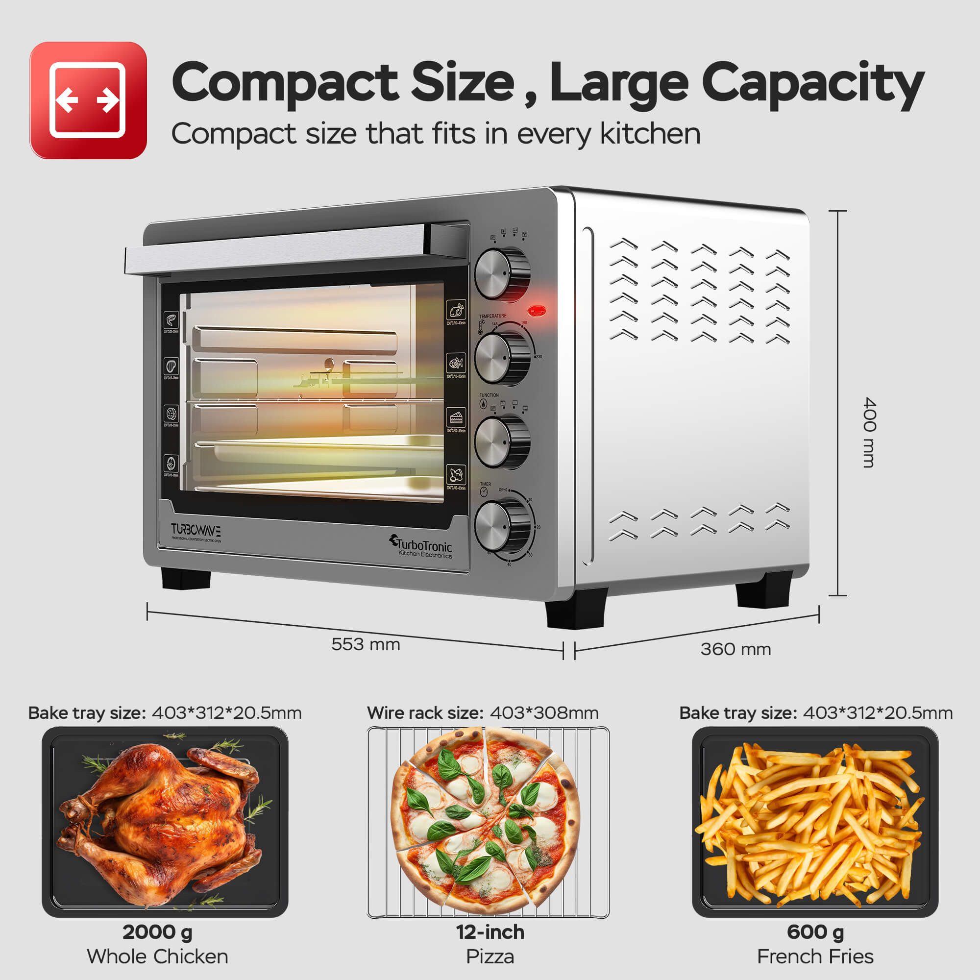 TurboTronic by Z-Line Minibackofen 2000 W 45 l Mini Backofen mit Umluft Drehspieß Grill und Pizzaofen, Tischbackofen mit Umluft, kleiner Backofen, Mini Ofen, freistehend