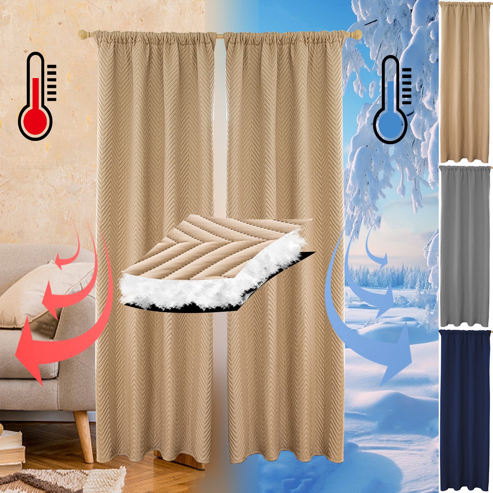 Rosnek Verdunkelungsvorhang Gesteppter Thermovorhang, Licht-, Wärme-, Kälte- & Schallschutz (2 St), Verdickt, 370 gsm, einfarbig, für Wohn- & Schlafzimmer