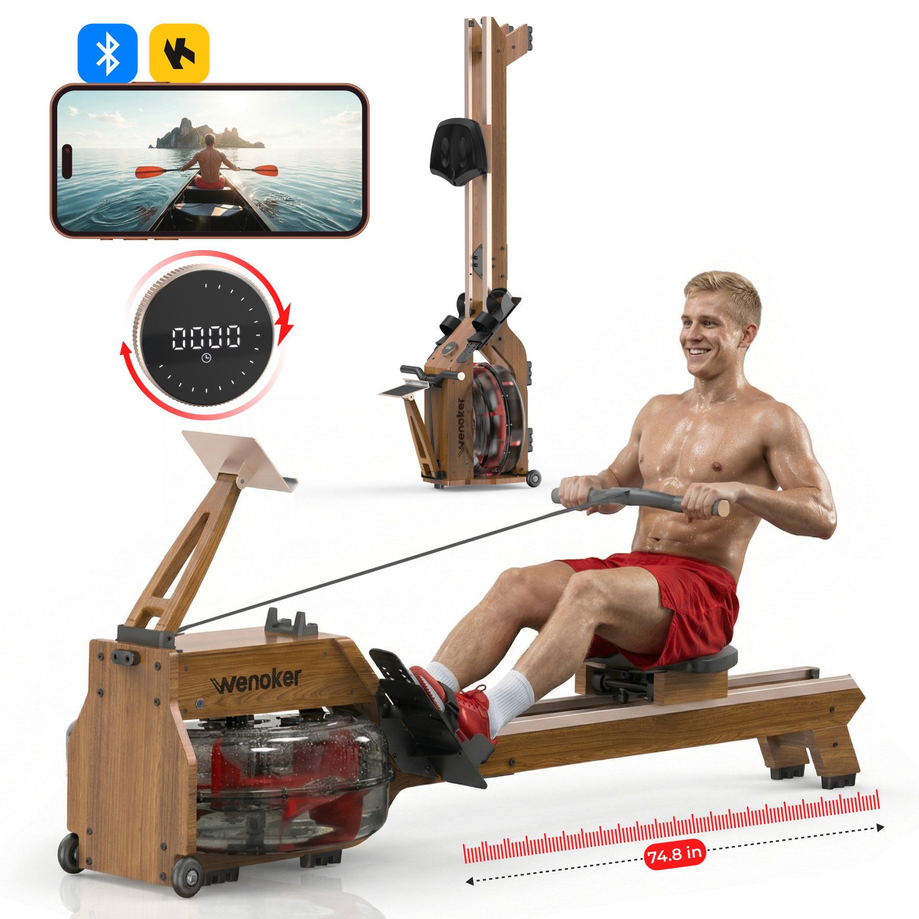 Wenoker Rudergerät Wasser für Zuhause aus FSC-Massiv-Eiche App-kompatibel, 22L-Wassertank (1-tlg., LCD-Display mit Drehregler, mehrstufig einstellbarer Widerstand), Bluetooth, Zwift-/Kinomap-Kompatibilität, Tablet-Halterung
