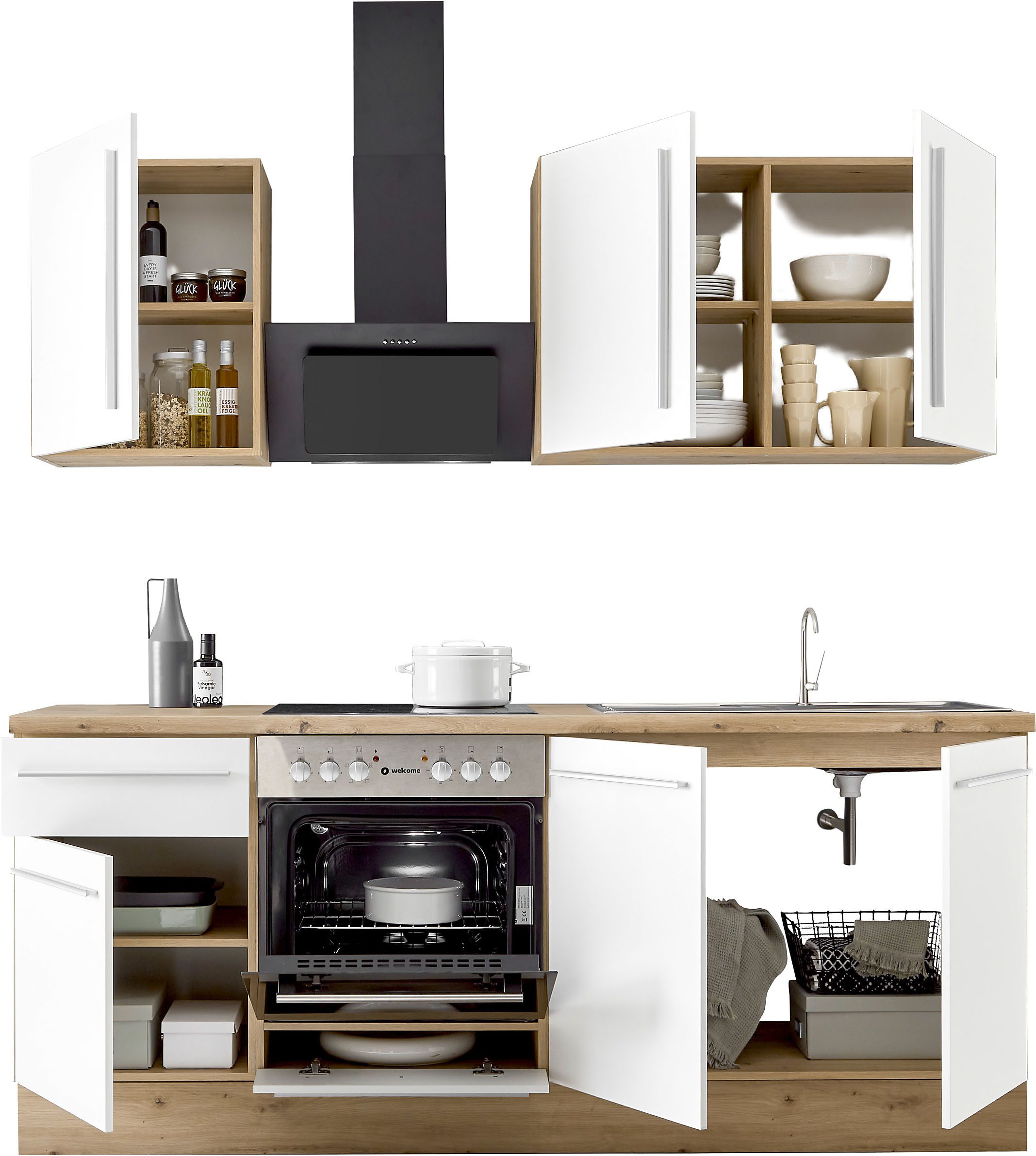 TABLE DE CUISSON Meuble de cuisine KS-Florida avec plan de travail de 38 mm d'épaisseur, largeur 210 cm, avec électroménager en option et fonction de fermeture amortie