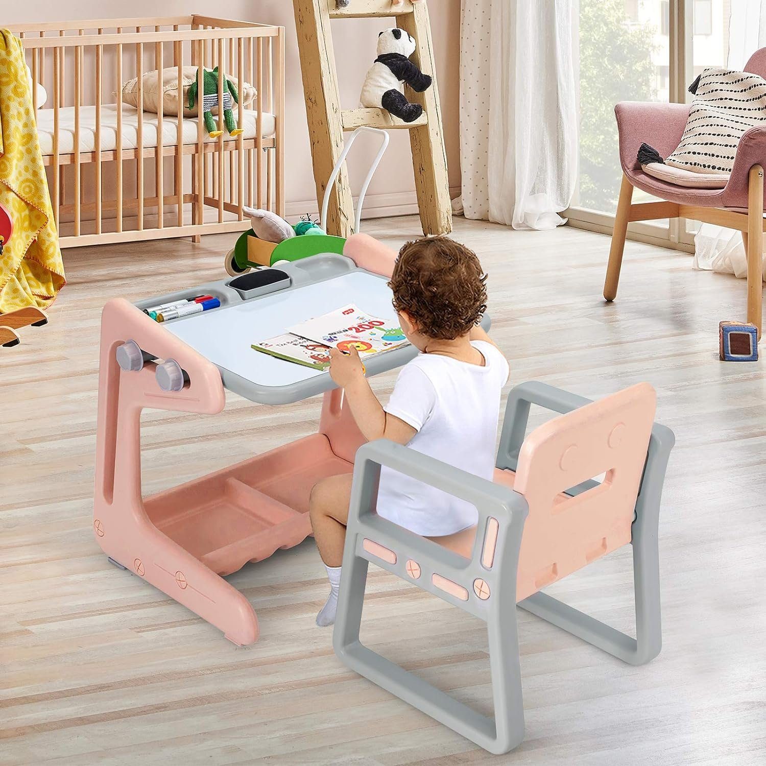 Kinderschreibtisch mit mit Zeichentisch Stuhl verstellbarer rosa KOMFOTTEU Stauraum, (2-St),