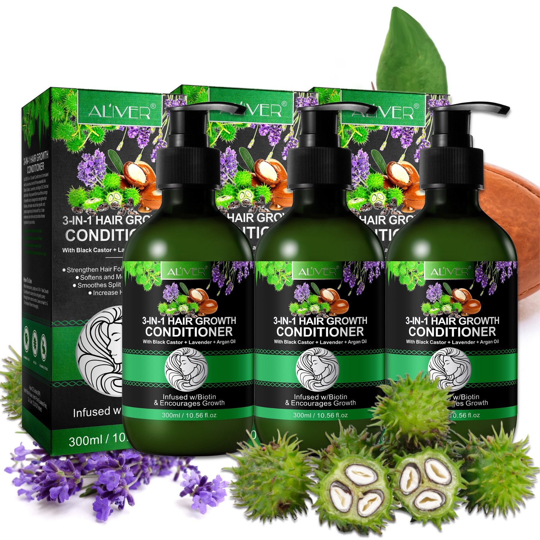 ALIVER Haarspülung Haar Conditioner Haarpflege mit Biotin Rizinusöl Lavendelöl Arganöl, 3-tlg., Biotin