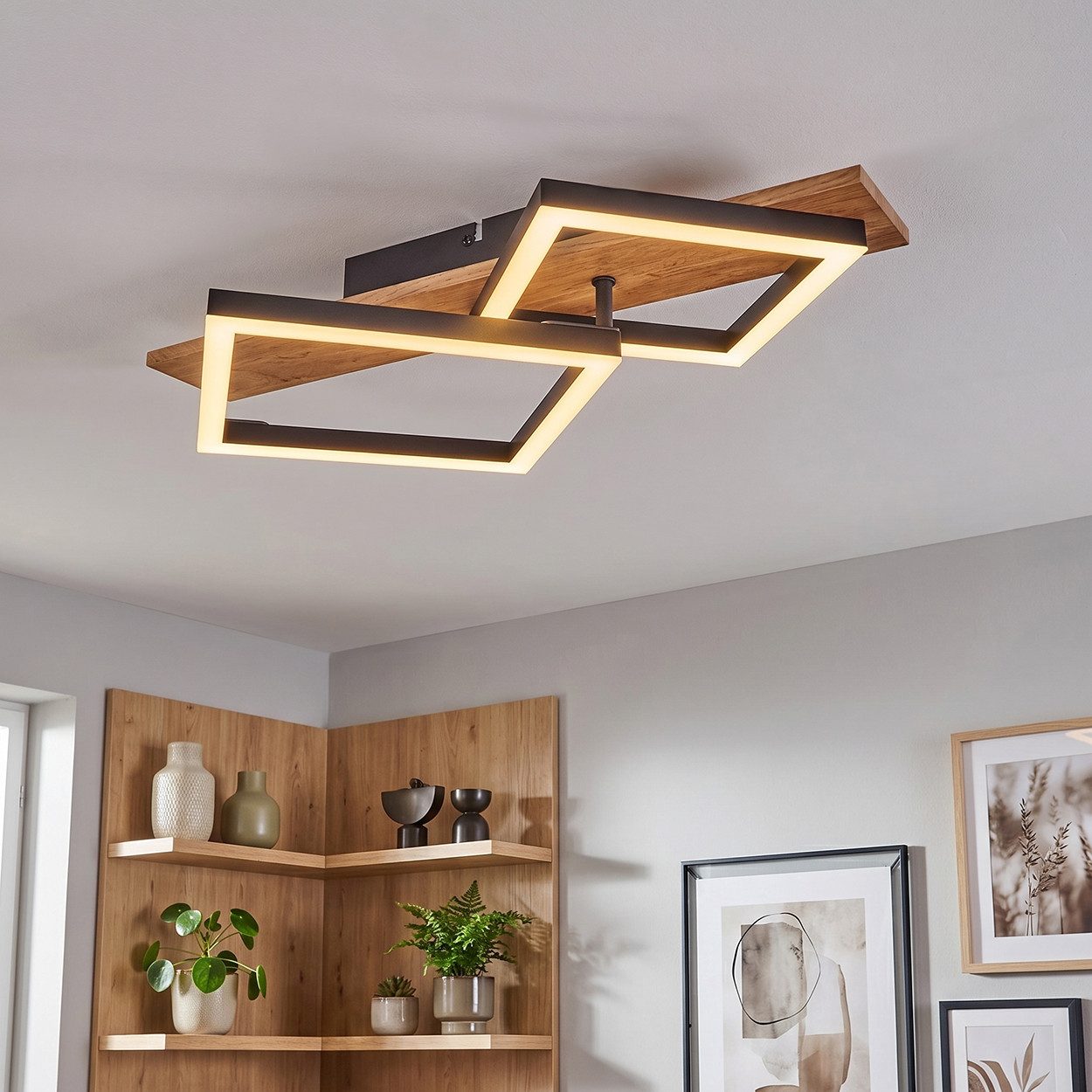 hofstein Deckenleuchte Deckenlampe aus Metall/MDF/Kunststoff in Schwarz/Holzoptik/Weiß, LED fest integriert, 3000 Kelvin, 2-flammig, 18 Watt, 2100 Lumen, 3000 Kelvin