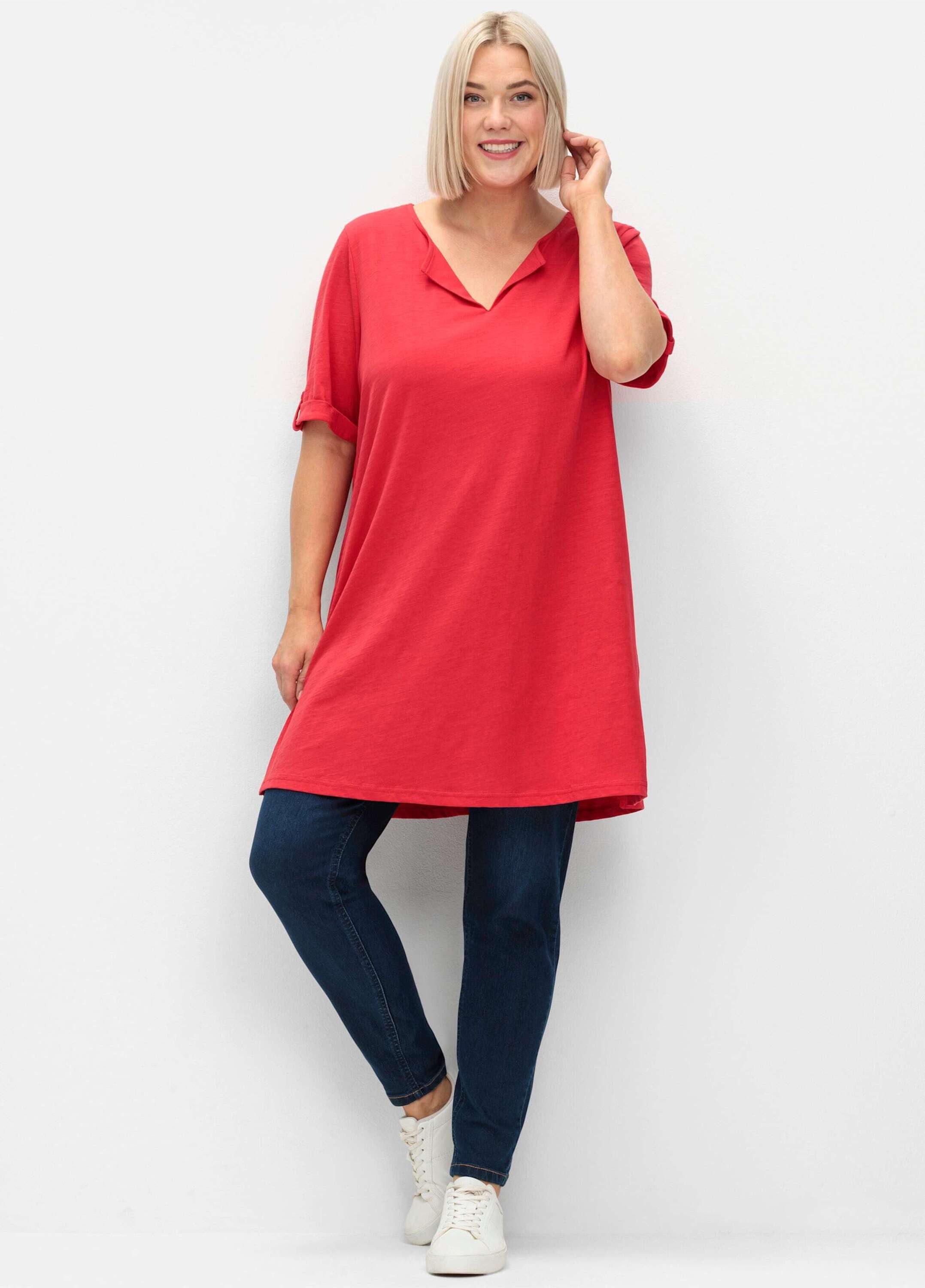 Sheego T-Shirt Longshirt Kurzarm mit geschlitztem Ausschnitt günstig online kaufen