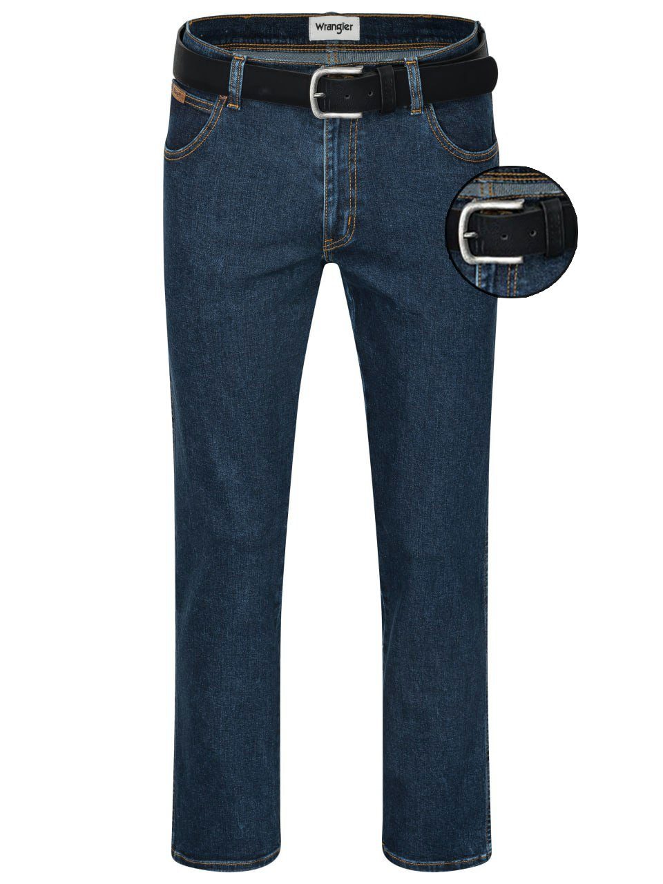 Gürtel mit Stretch Straight Gürtel Wrangler Jeans Herrenjeans Authentic Texas Straight-Jeans Darkstone schwarzer +