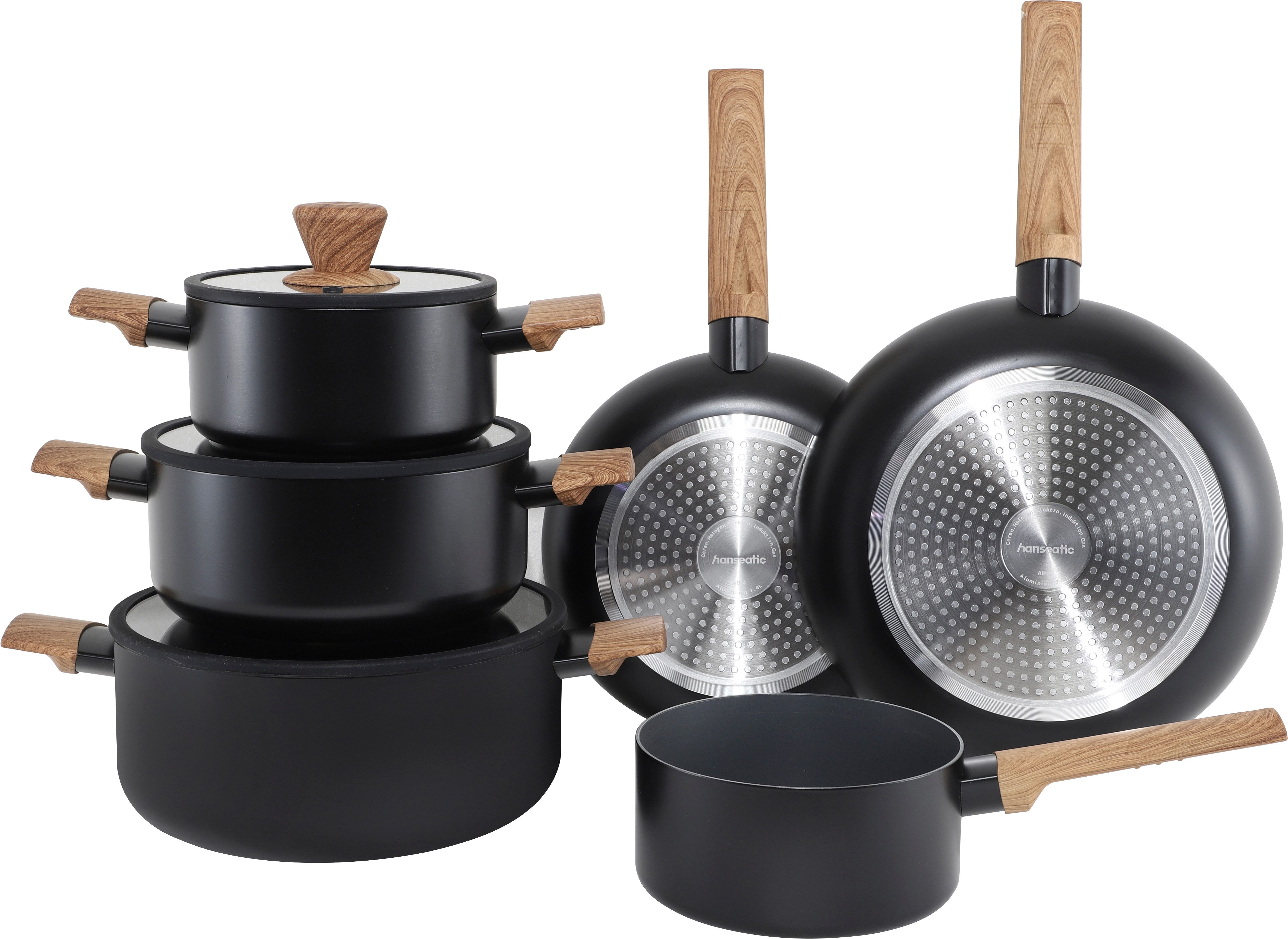 Hanseatic Topf-Set ALU SCANDI, mit Antihaftbeschichtung, Aluminium (Set, 9-tlg., Stielkasserolle 16 cm, Kochtopf 16/20/24 cm, Bratpfanne 24/28 cm), für alle Herdarten geeignet