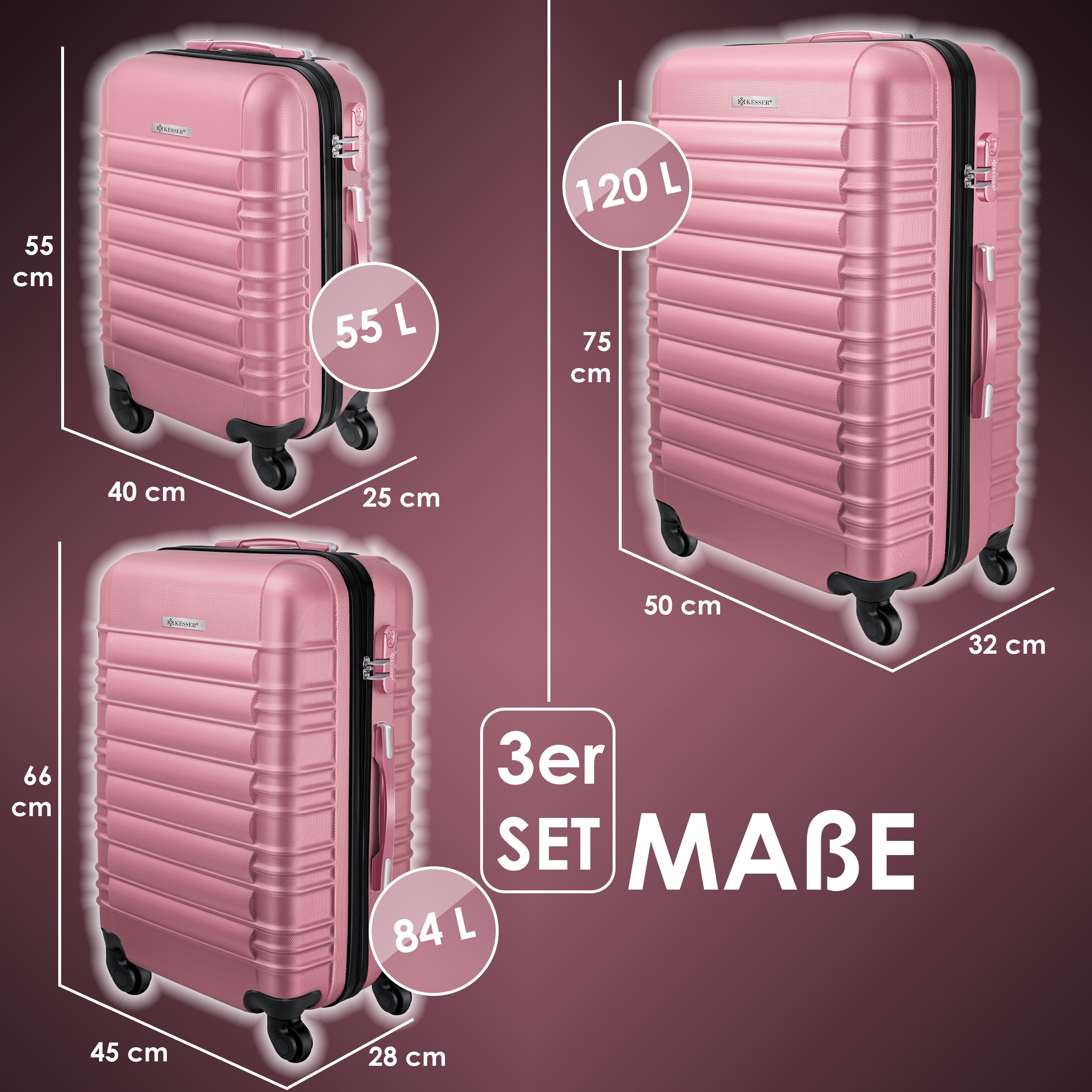 KESSER Kofferset, Hartschalenkoffer Set (3 Rollen, 4 Hartschalenkofferset tlg), Reisekoffer rosa 3tlg