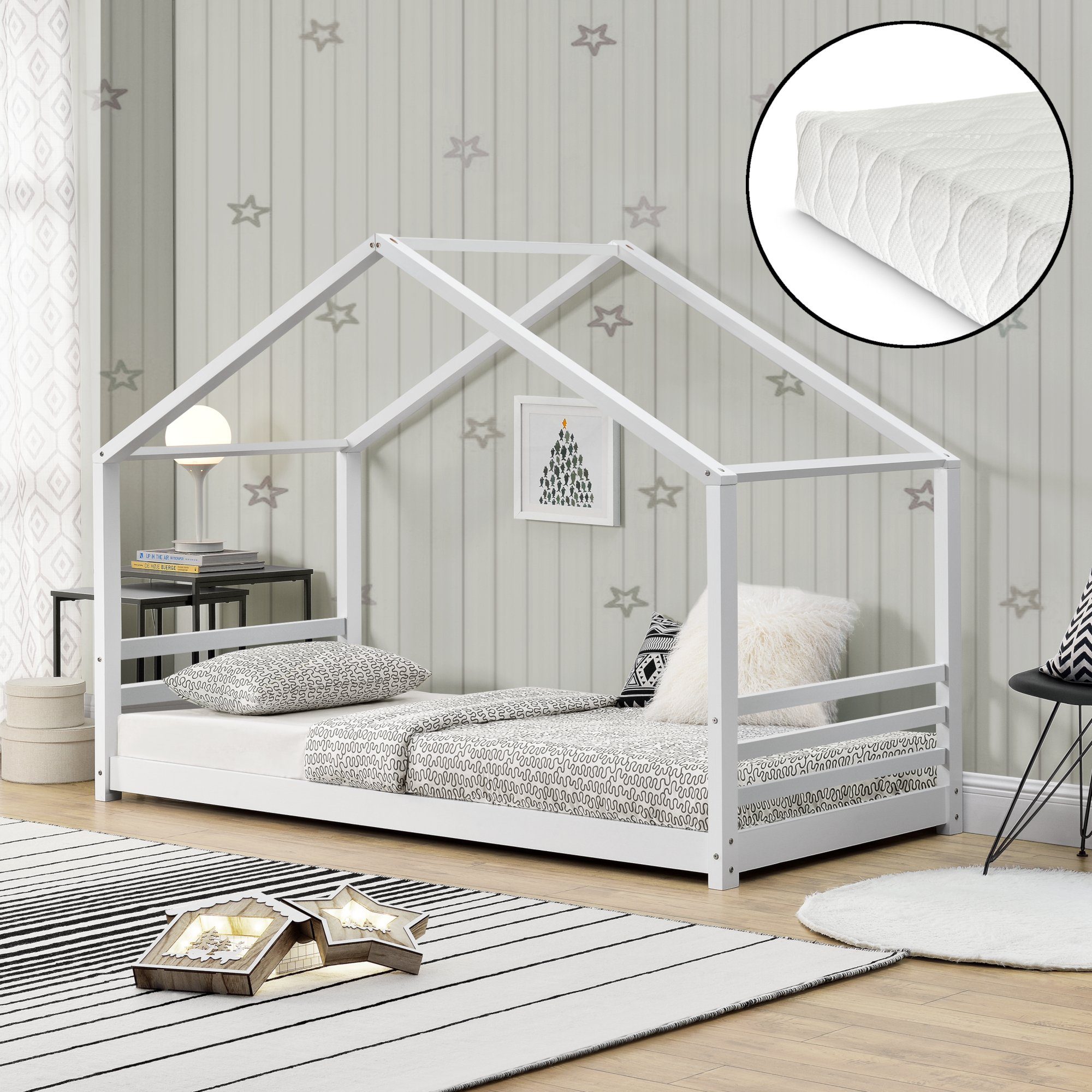 Matratze mit Rausfallschutz 90x200cm Haus Holz Weiß Bettenhaus Bett Kinderbett 