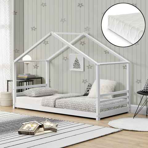 en.casa Kinderbett, »Vardø« Hausbett mit Kaltschaummatratze 90x200cm Weiß