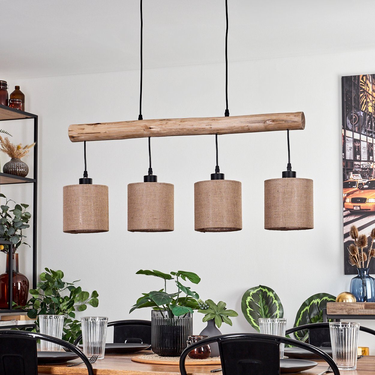 hofstein Pendelleuchte moderne Hängelampe aus Holz/Metall/Leinen in Natur/Schwarz/Beige, ohne Leuchtmittel, Hängeleuchte im skandinavischen Design, 4xE27, ohne Leuchtmittel