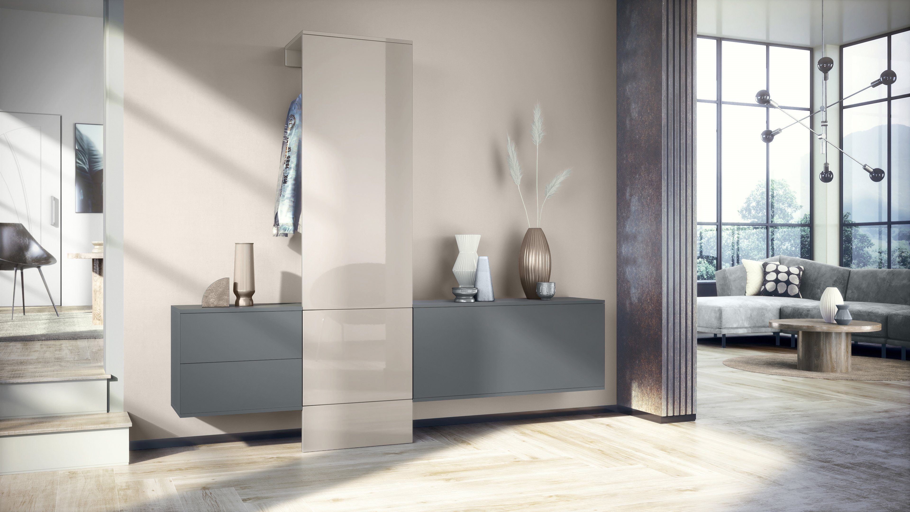 Vladon Garderoben-Set Carlton Set 1, (Wandgarderobe bestehend aus, 1 Paneel, 1 Schubkastenschrank und 1 Schrankmodul), Anthrazit matt/Sandgrau Hochglanz (209 x 193 x 35 cm)