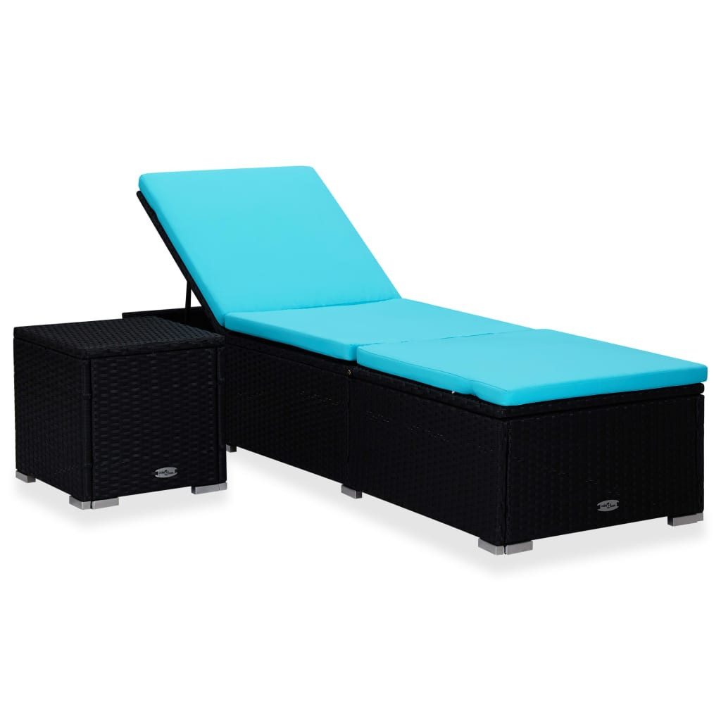 vidaXL Gartenliege Sonnenliege mit Auflage und Teetisch Poly Rattan Blau, 1 St.