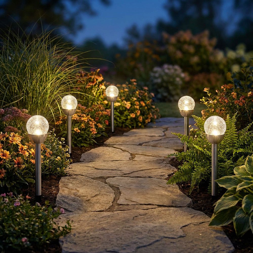 Expo Börse LED Solarleuchte, LED-Leuchtmittel fest verbaut, Warmweiß, 5x LED Solarsteckleuchte Edelstahl Glas silber Warmweiß IP44 H 24,5 cm