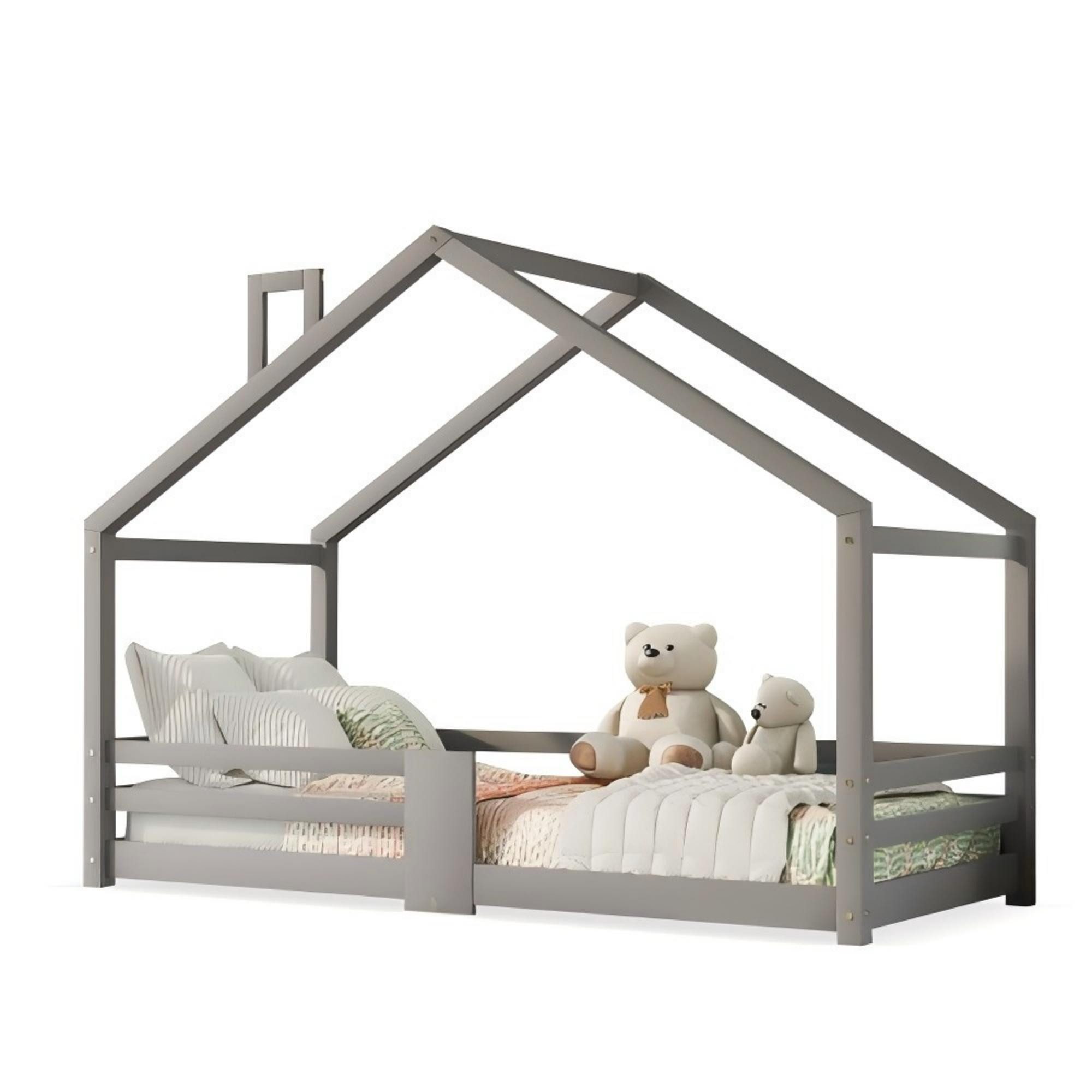 Kinderbett Hausbett m. Schornstein Rausfallschutz Lattenroste, Kiefer 90x200,Grau