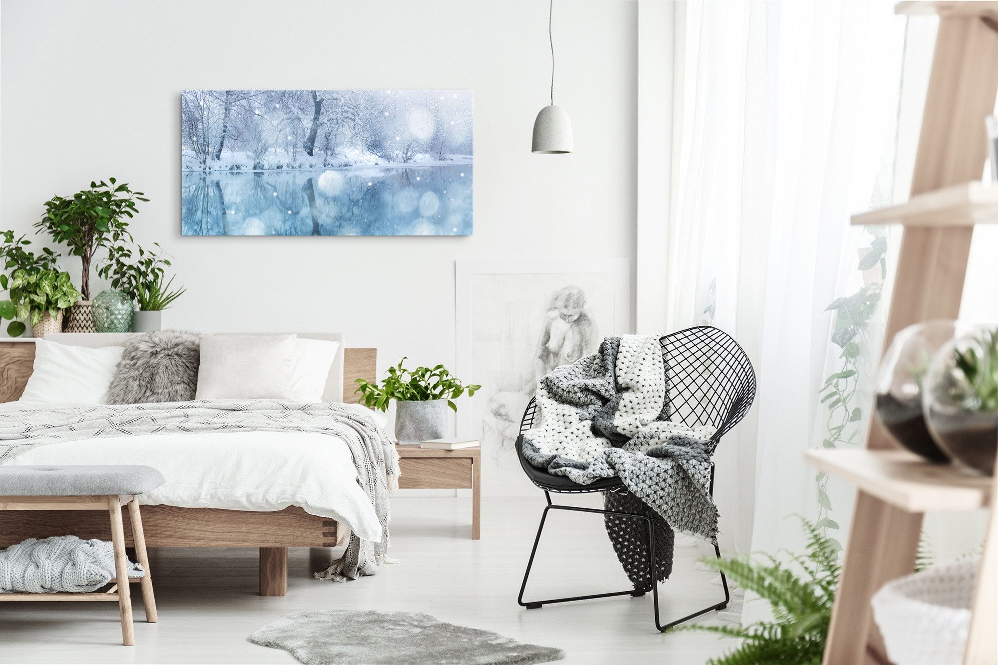 Sinus Art Leinwandbild Kunstdruck Bilder 120x60cm Winterlandschaft Fluss Schnee Winter Ufer B, (1 St)