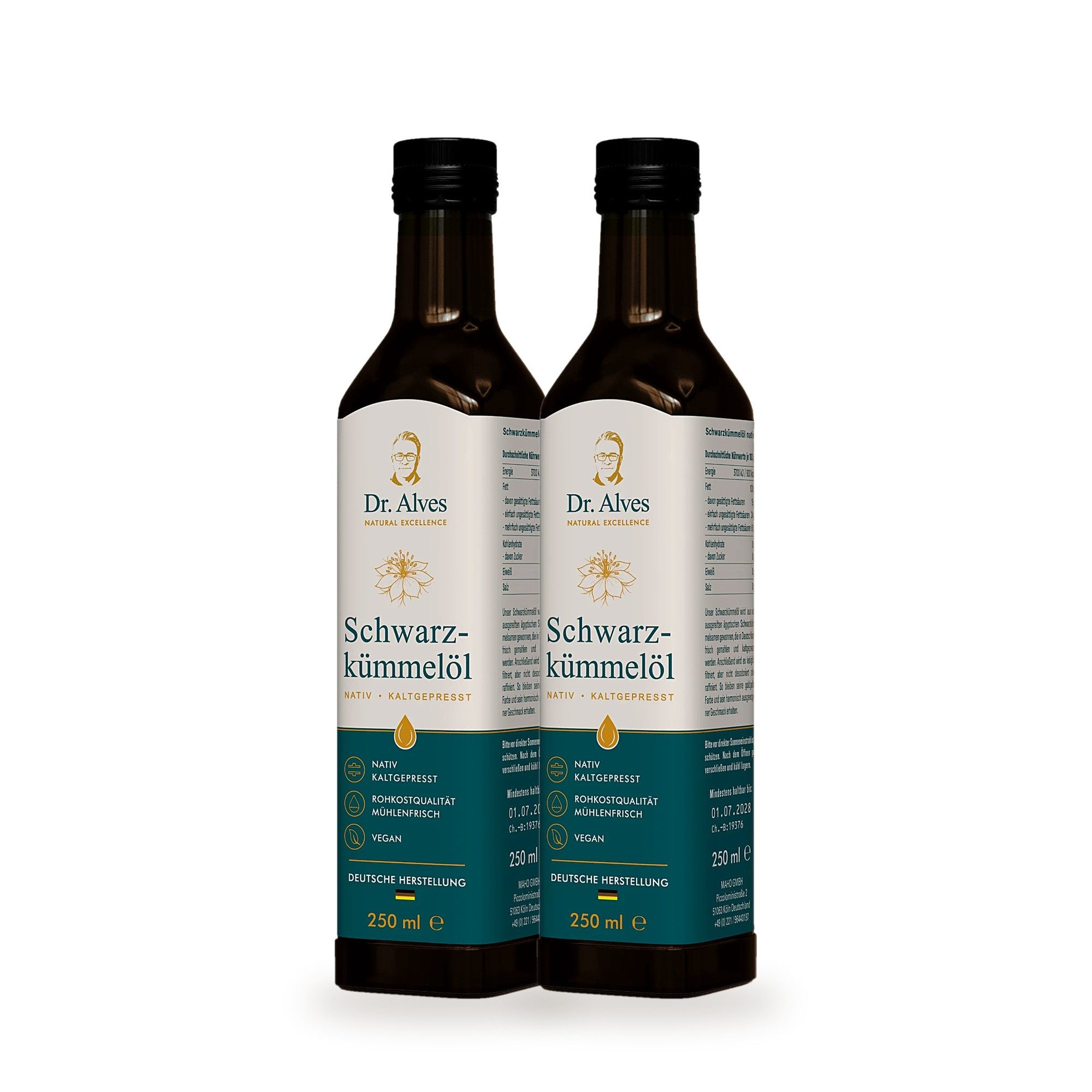 Dr. Alves Speiseöl Schwarzkümmelöl nativ, kaltgepresst & mühlenfrisch, 2 x 250 ml, (Vorteilspack), mild & goldgelb, mit Dosierausgießer
