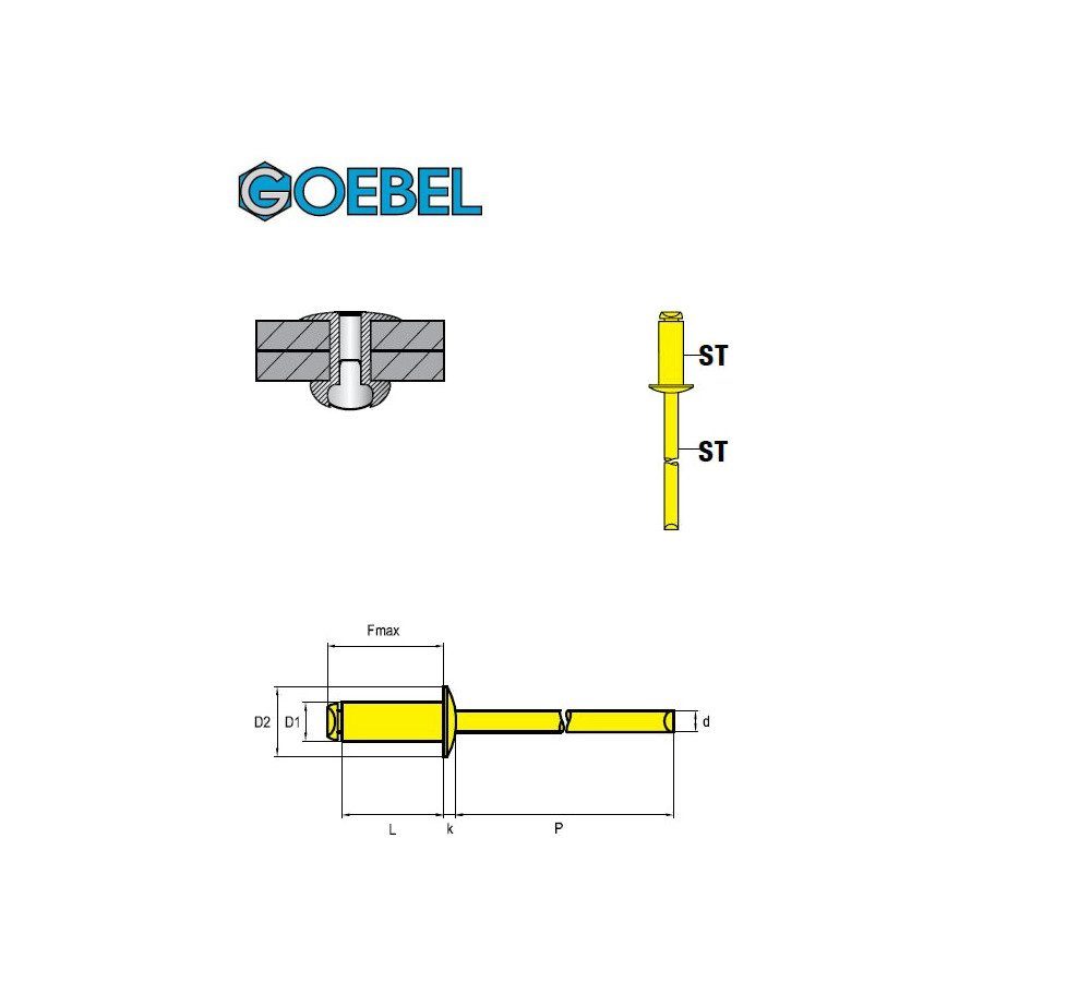 GOEBEL GmbH Flachkopf 500 - Flachkopf / 7080148060, St., (500x x Niete - 4,8 ISO15979, 6,0 STANDARD mm Popniete), Stahl Blindniete - Stahl