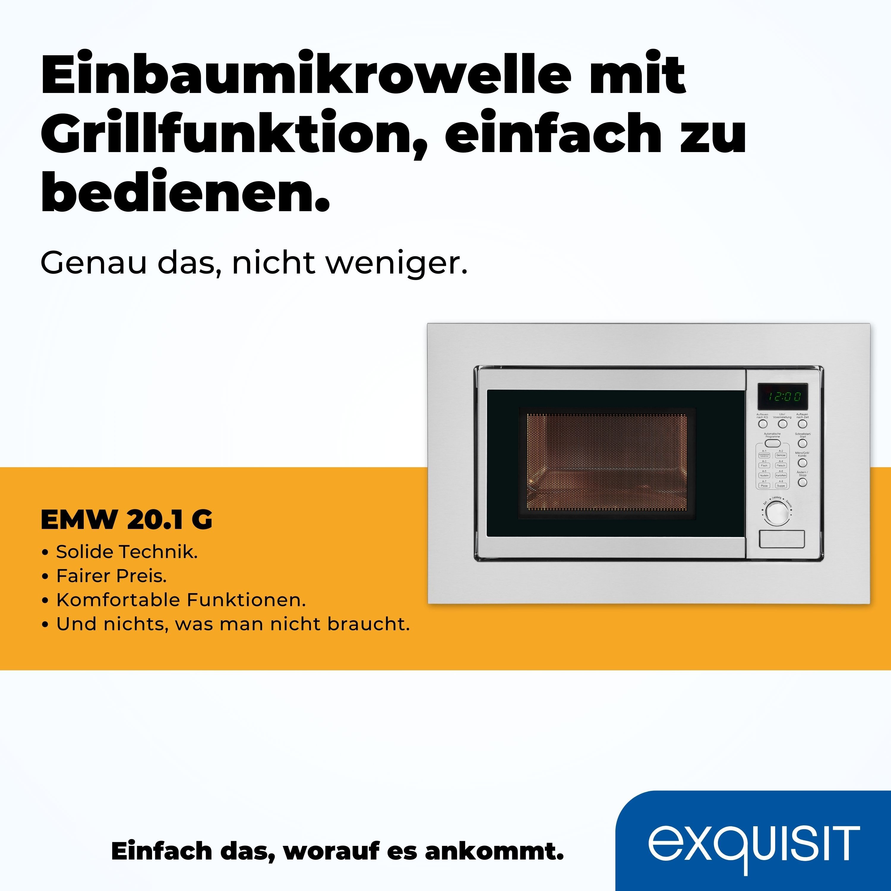 exquisit Einbau-Mikrowelle EMW 20.1 G, 20 l, Schonend Auftauen,schnell Aufwärmen, Grillen-einfach per Knopfdruck