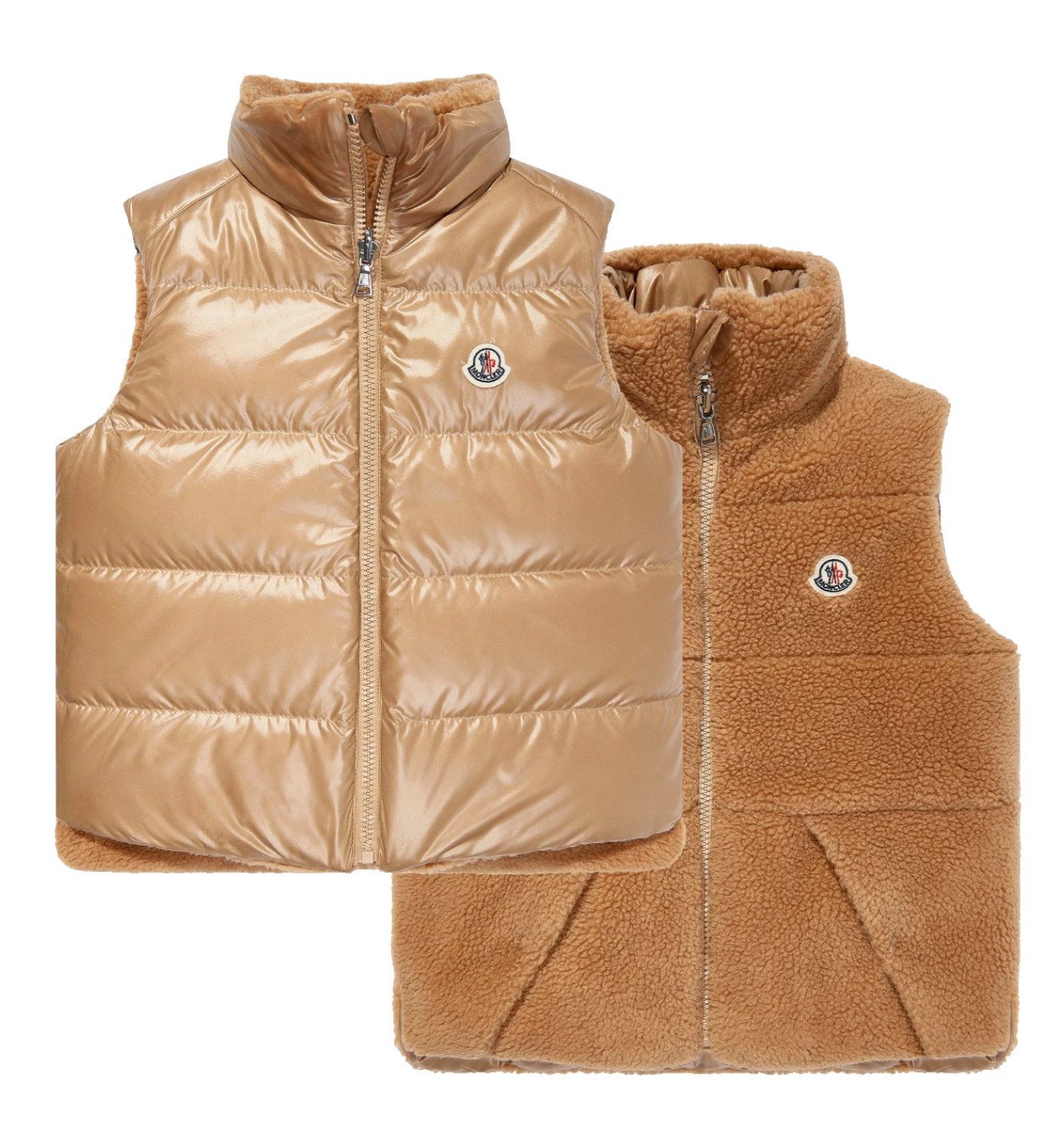 MONCLER Daunenweste Kinder Wendbare Daunenjacke Tedy Gilet 12A Teddyfell-Look außen, glatten Material innen