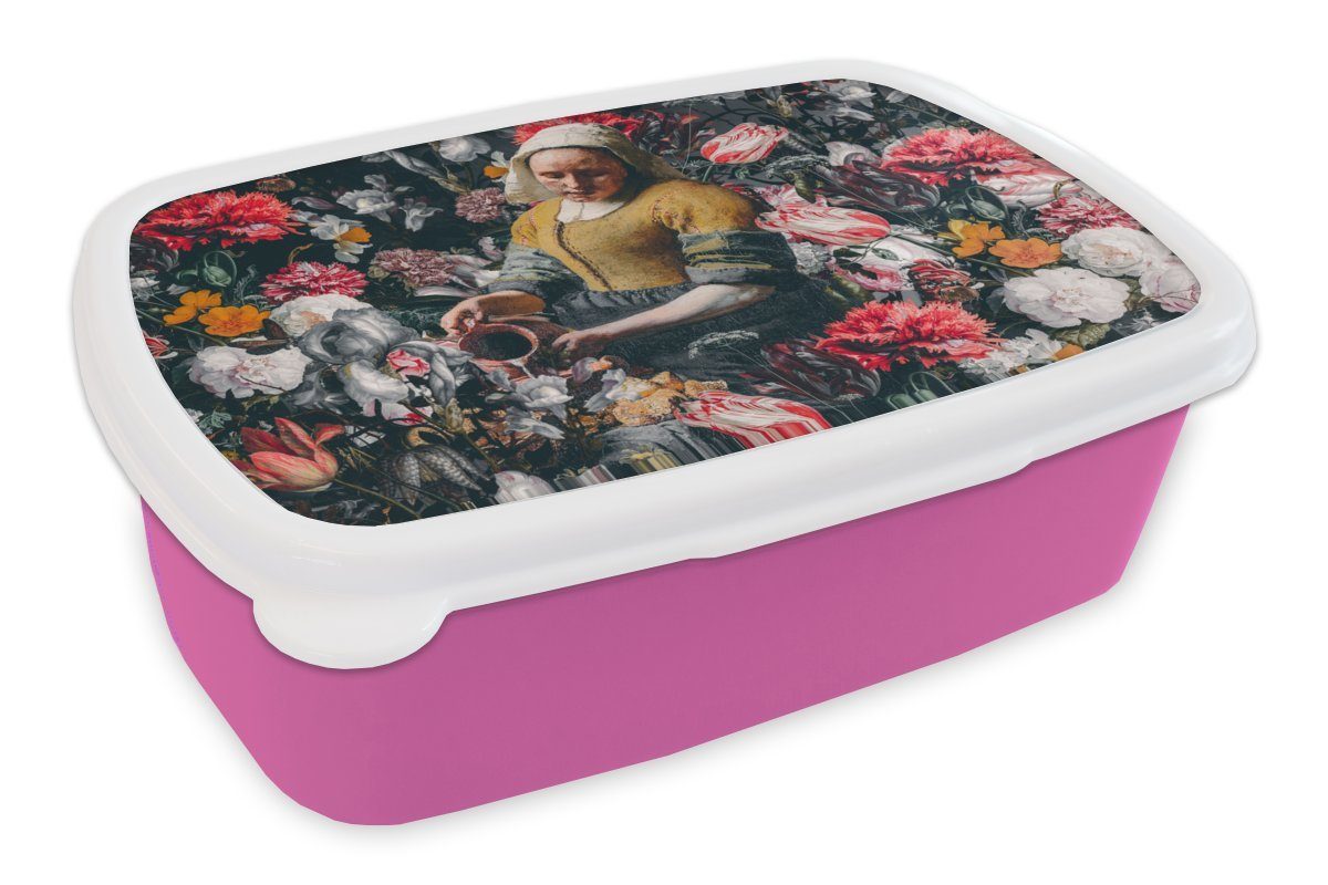 MuchoWow Lunchbox Milchmädchen - Johannes Vermeer - Blumen, Kunststoff, (2-tlg), Brotbox für Erwachsene, Brotdose Kinder, Snackbox, Mädchen, Kunststoff rosa