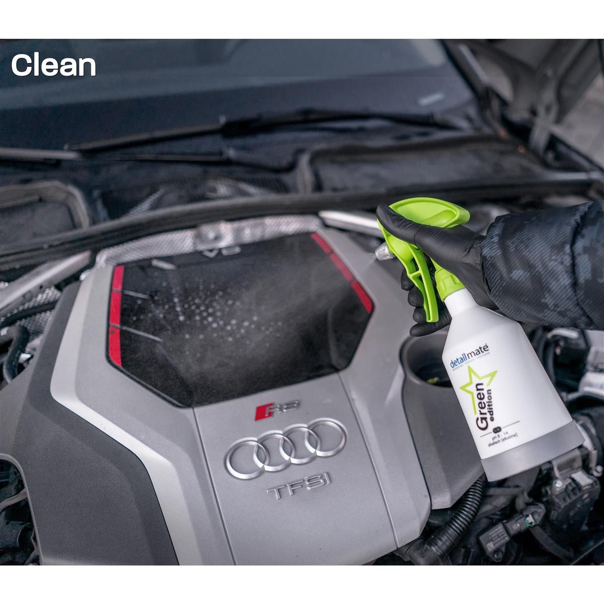 detailmate Auto Motor Reinigungs Set Koch Chemie Green Star Motorplast Universalreiniger (8-St. Pinsel Sprühflasche Mikrofasertuch Motorwäsche)