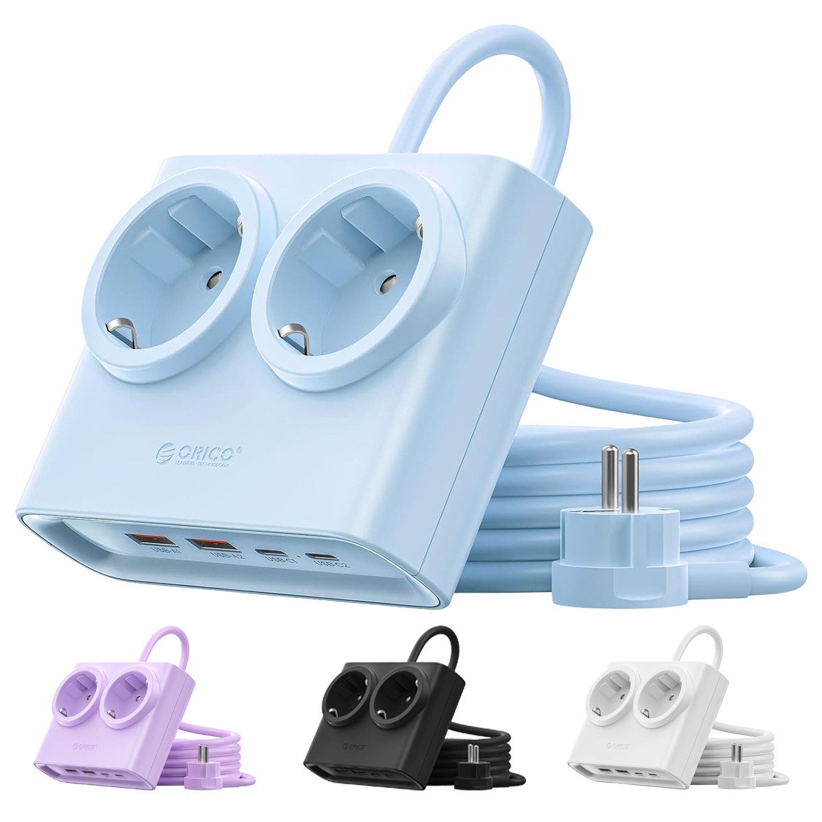 ORICO Steckdose 15W/25W GaN Mehrfachsteckdose 6-in-1 Steckdosenleiste,2AC+2USB+2CPD, acher 1,3 cm Stecke, 1-St., 1,6 m Kabel, 2500 W., für Haushalt & Büro