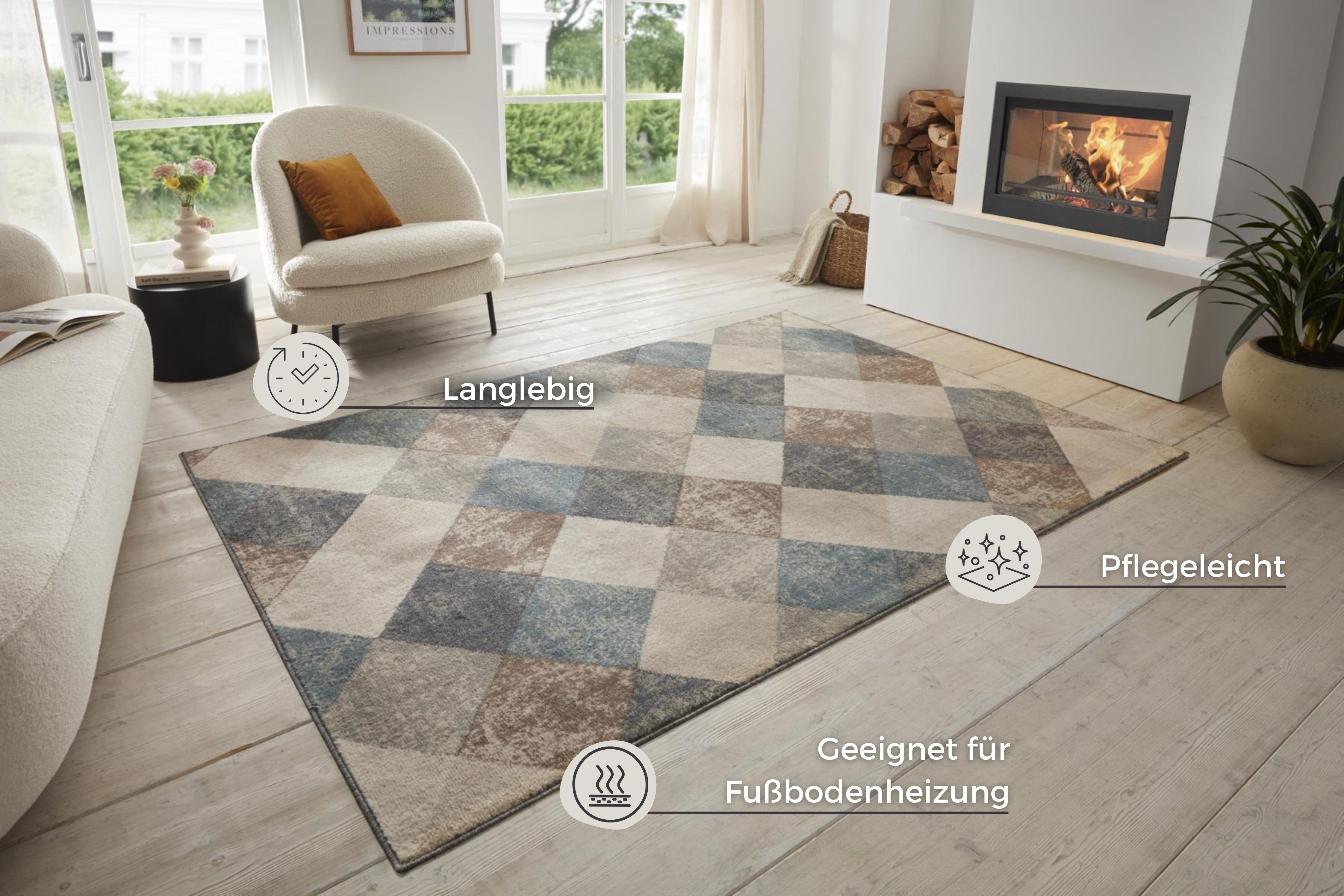 HANSE Home Teppich Bakke, rechteckig, Höhe: 8 mm, Kurzflor, Läufer, Rauten-Muster, Wohnzimmer, Schlafzimmer, Esszimmer