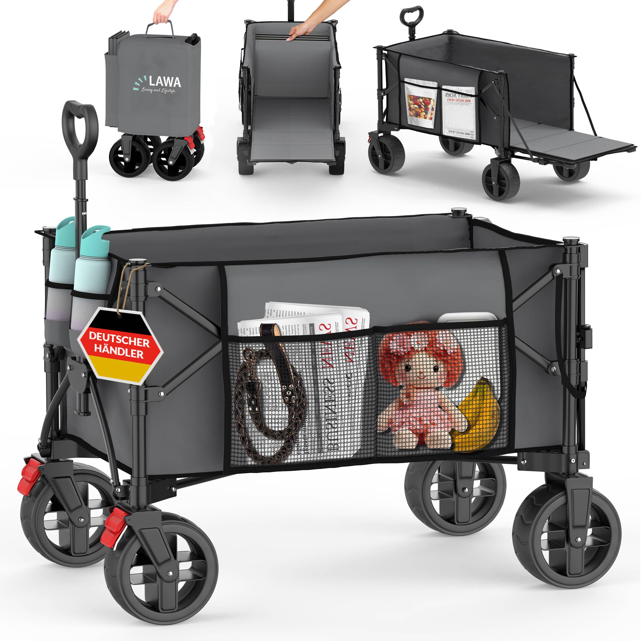 LAWA Living and Lifestyle Тележки Handwagen faltbar 100kg Bremse 10kg leicht geringes Packmaß 130l, mit Heckklappe, verlängerbar, 110cm Teleskopgriff, Seitentasche