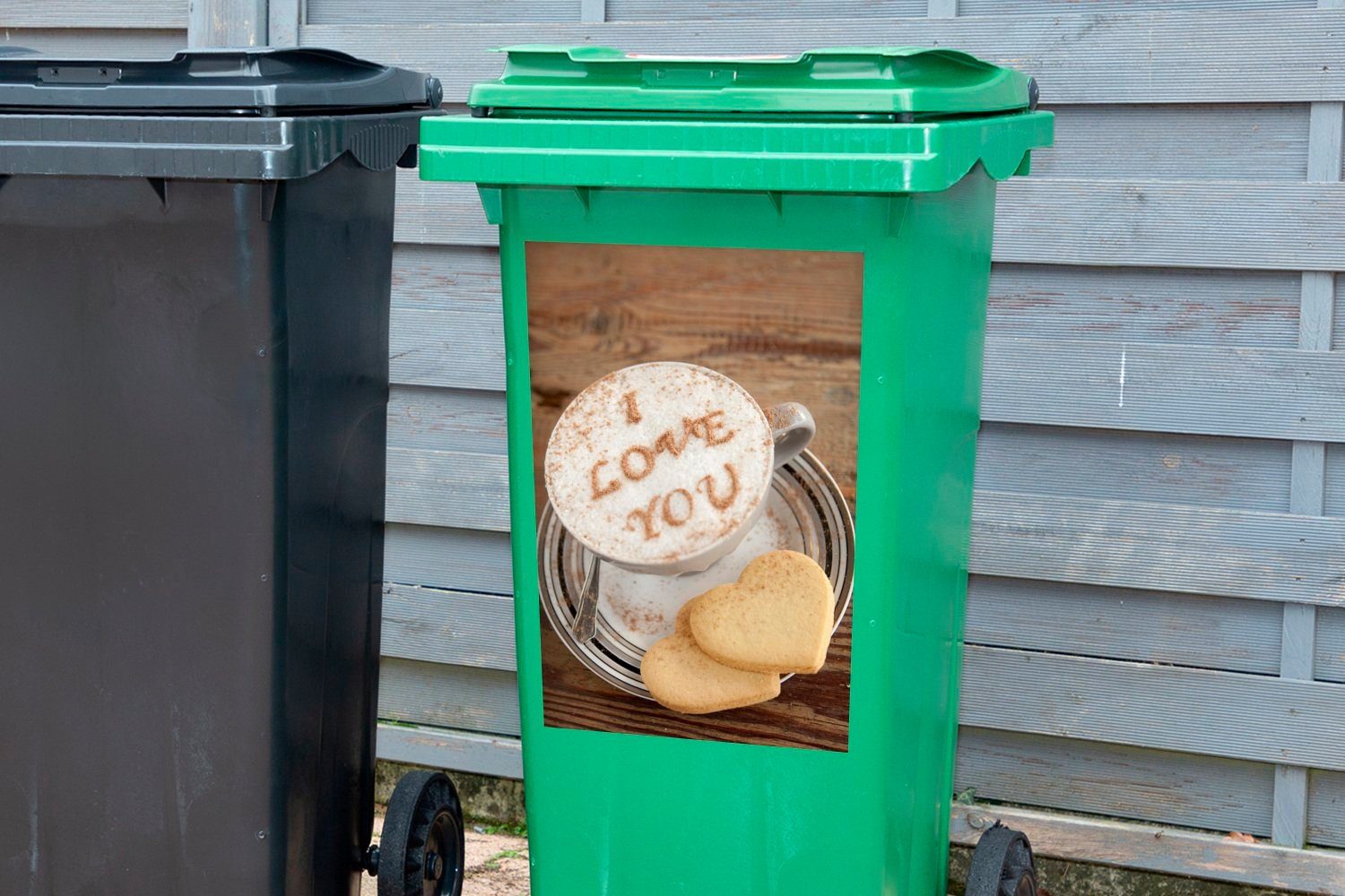 Wandsticker mit der Aufschrift (1 Mülleimer-aufkleber, Mülltonne, I MuchoWow Container, Sticker, St), You Cappuccino Abfalbehälter Love