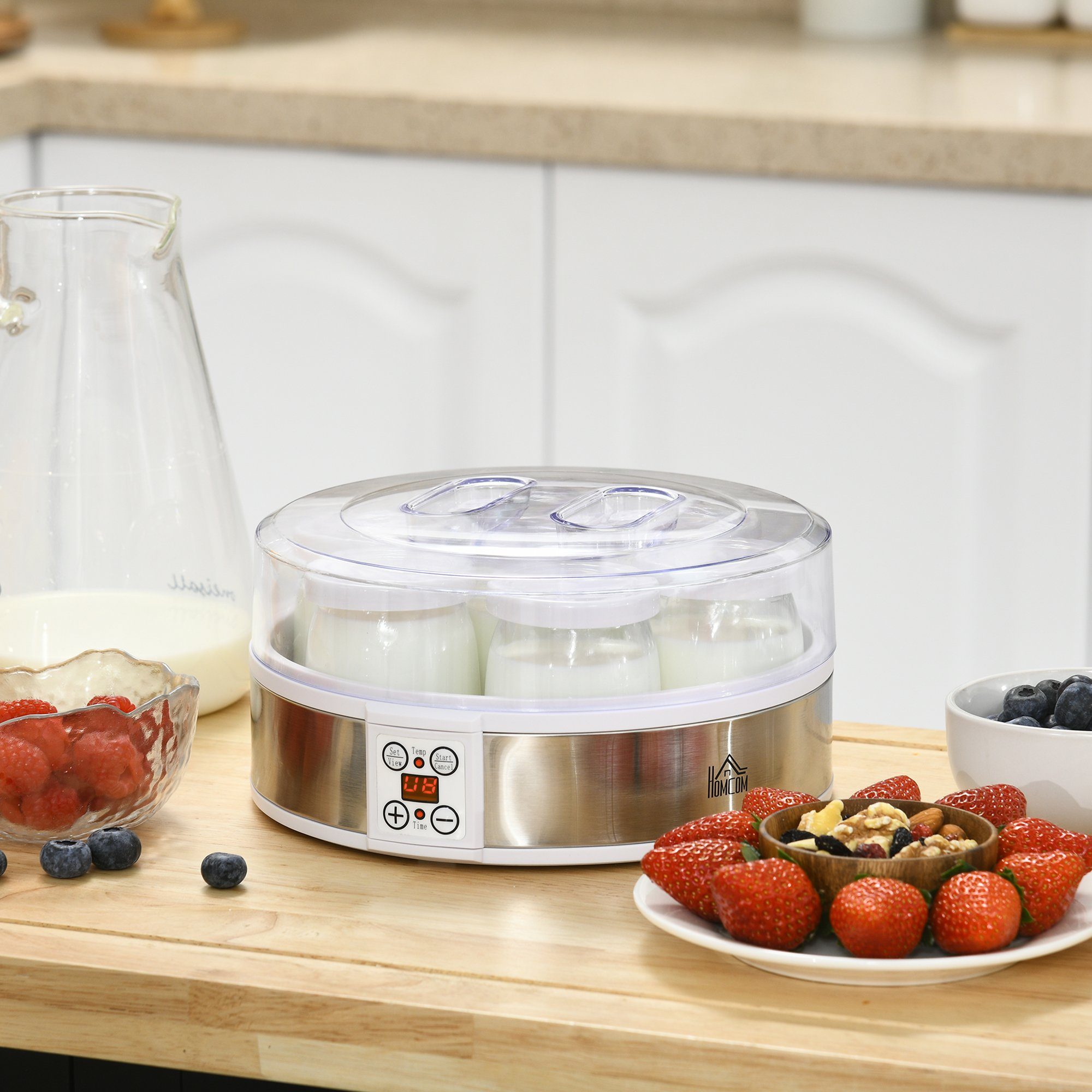 HOMCOM Joghurtbereiter Joghurtmaschine mit Timer, Joghurt-Maker mit Temperatur-Einstellung, 7 Portionsbehälter, je 180 ml, 7 Gläser à 180 ml, automatischer Abschaltung, 20 W, Weiß