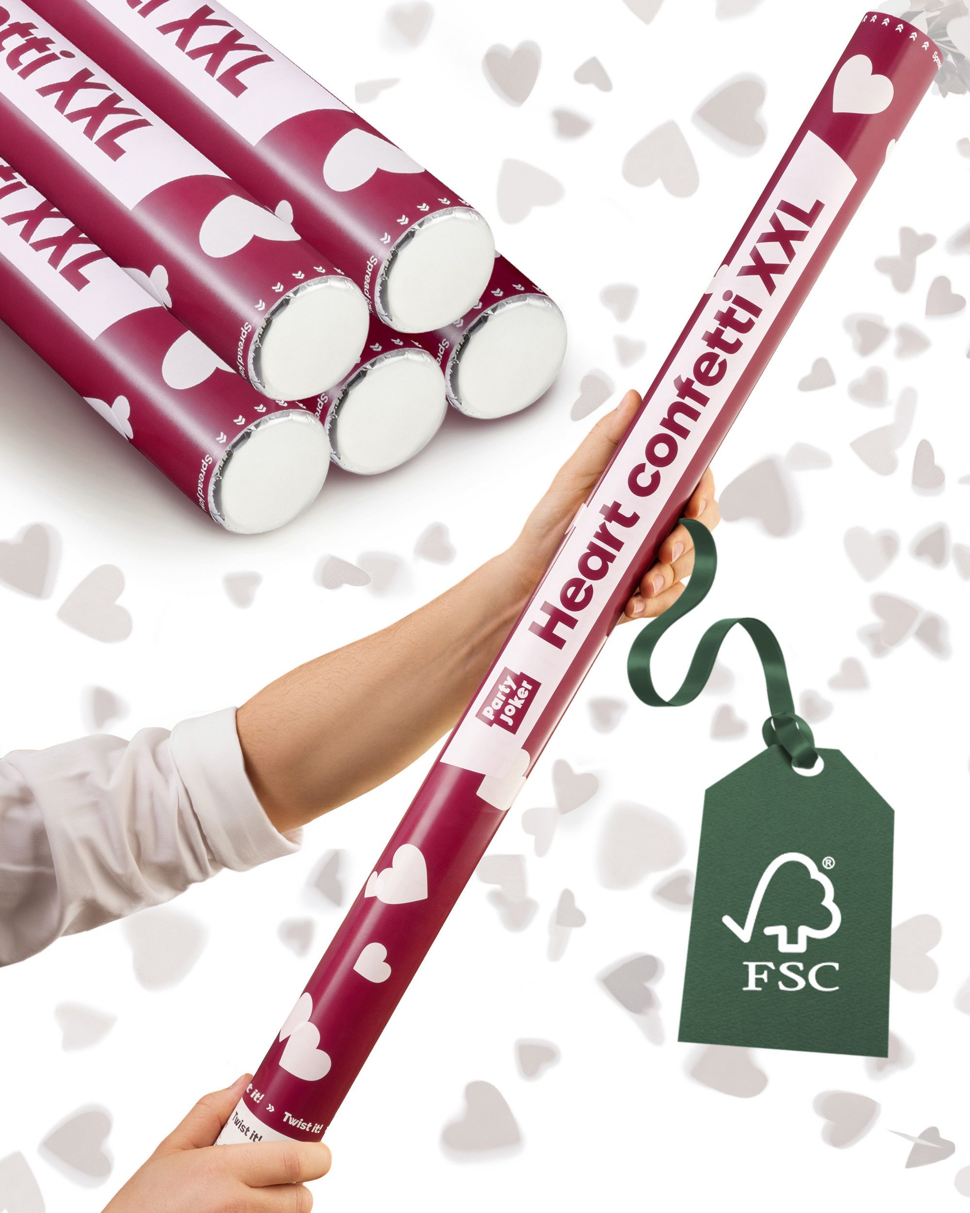 Partyjoker Konfetti Konfettikanone Herzen Weiß - FSC Konfetti - 5-8 m Strahl - Party, Extra Groß & FSC Papier – 5-8 Meter Hochzeitsregen