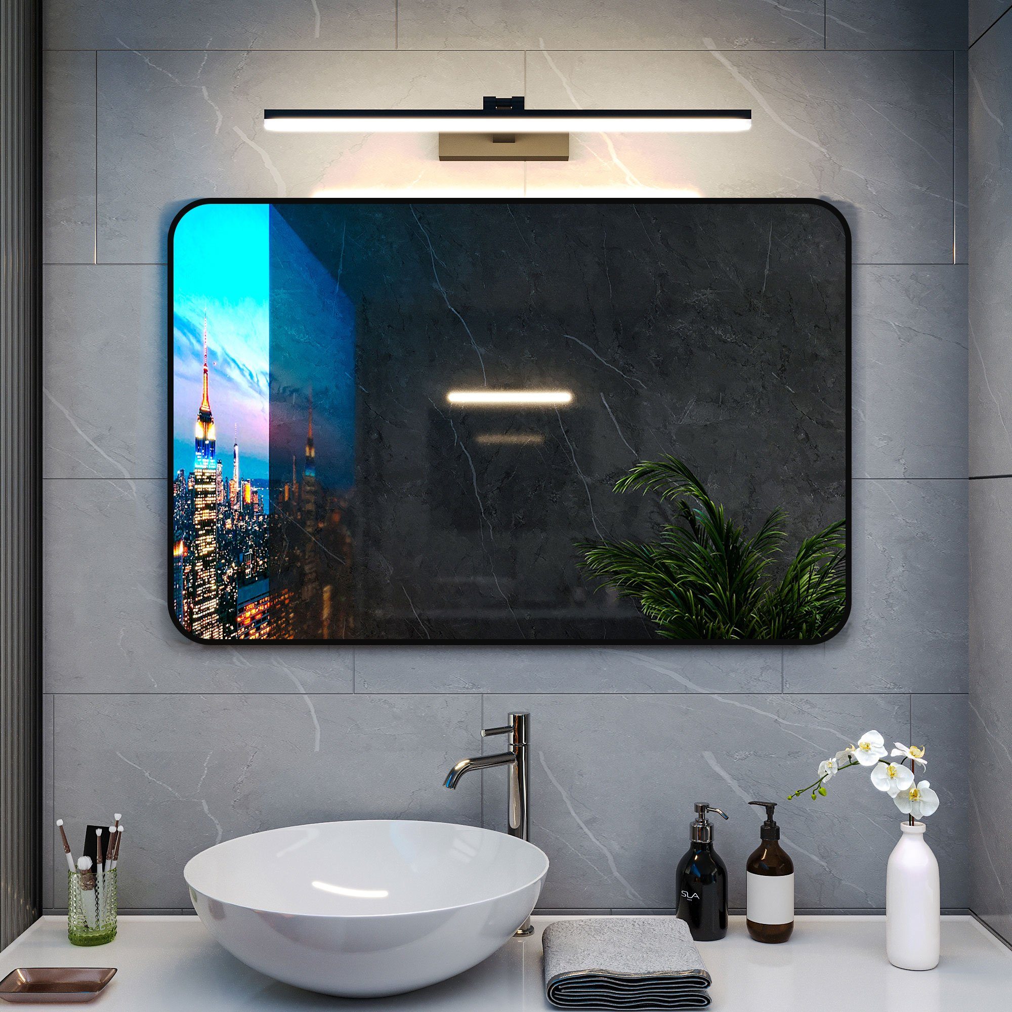 WDWRITTI Wandspiegel Spiegel Schwarz 100x60 mit Led Beleuchtung mit 60cm  Spiegelleuchte (Spiegel groß mit Licht Wandleuchte, Kaltweiß-6500K, 180°  Drehbar, Dehnbar), energiesparender, IP44