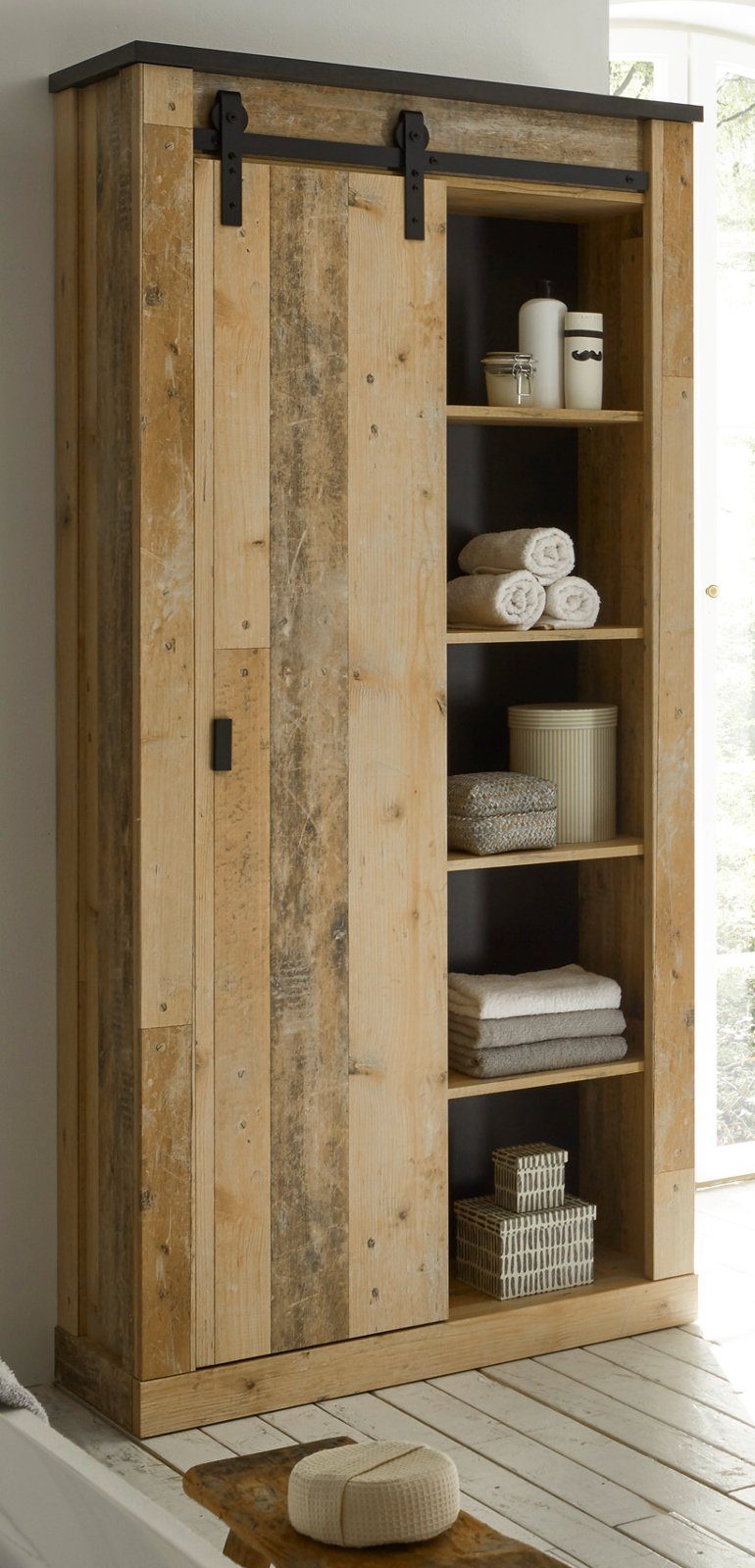 GuenstigEinrichten Hochschrank »Stove« (Badschrank Used Wood Design, 93 x  201 cm) mit Schiebetür, 10 Fächer online kaufen | OTTO