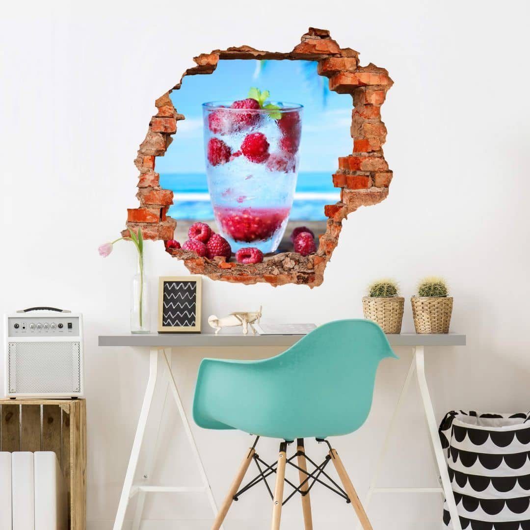 K&L Wall Art Wandtattoo 3D Wandtattoo Aufkleber Küche Sommer Cocktail Tropical Mojito Himbeere, Mauerdurchbruch Wandbild selbstklebend