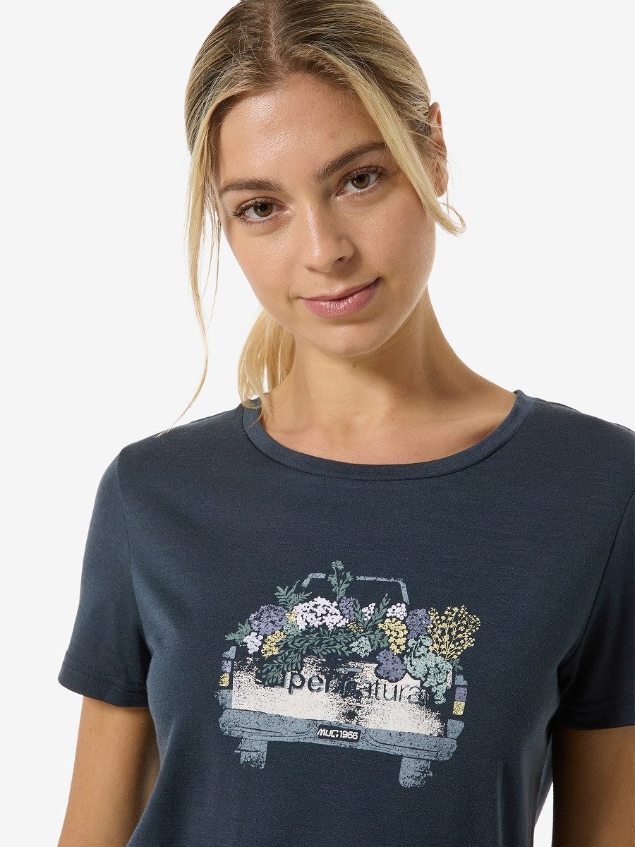 SUPER.NATURAL T-Shirt für Damen, nachhaltig, Merino mit Blumen-Motiv, atmungsaktiv