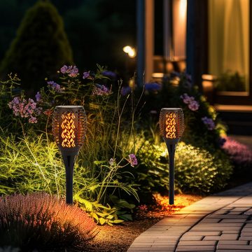 etc-shop Gartenleuchte, LED-Leuchtmittel fest verbaut, 2x LED Außen SOLAR Steck Lampe Weg Garten Fackel Feuer Effekt