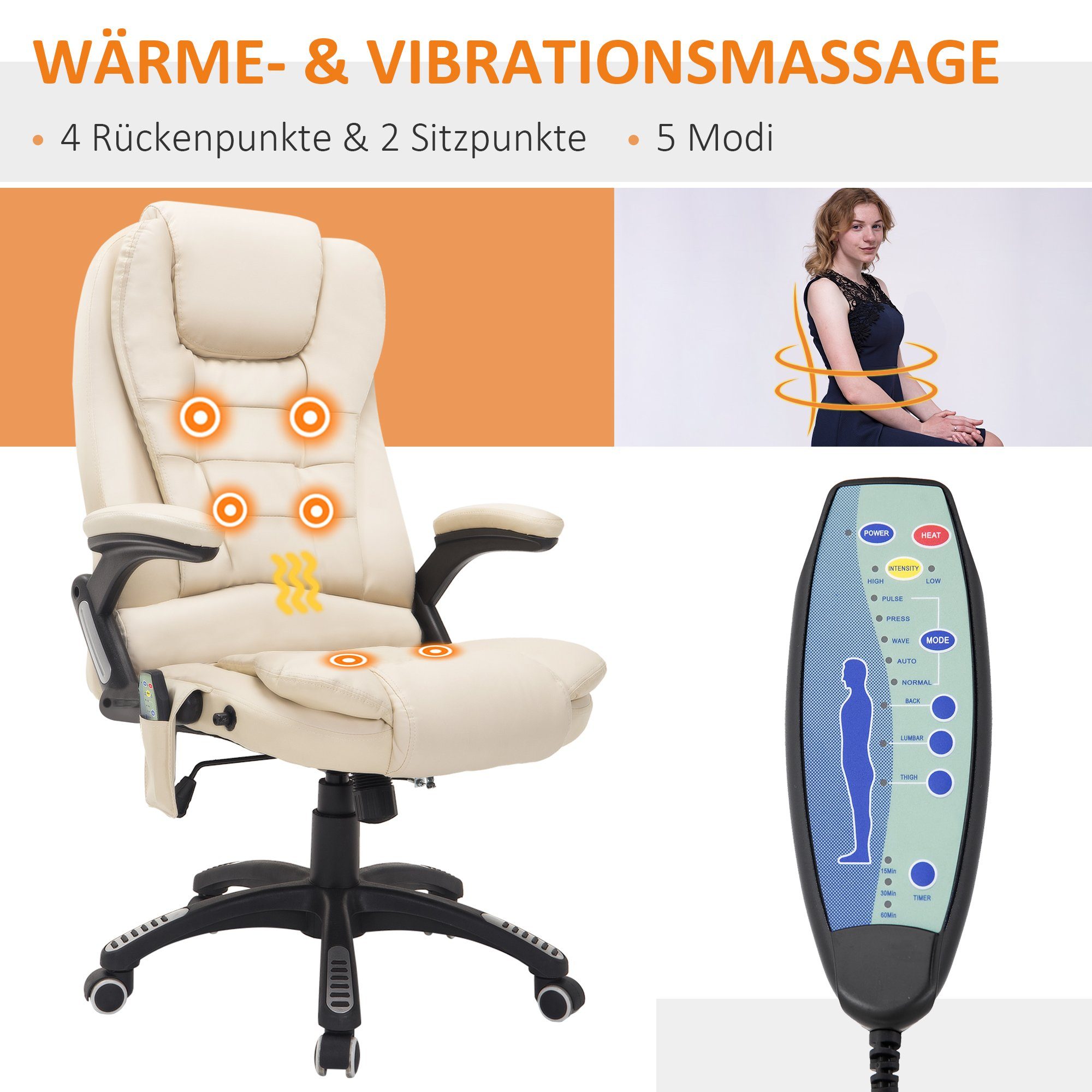 HOMCOM Schreibtischstuhl Massagesessel (Set, mit 1 St), Drehstuh Beige Wärmefunktion, Bürostuhl