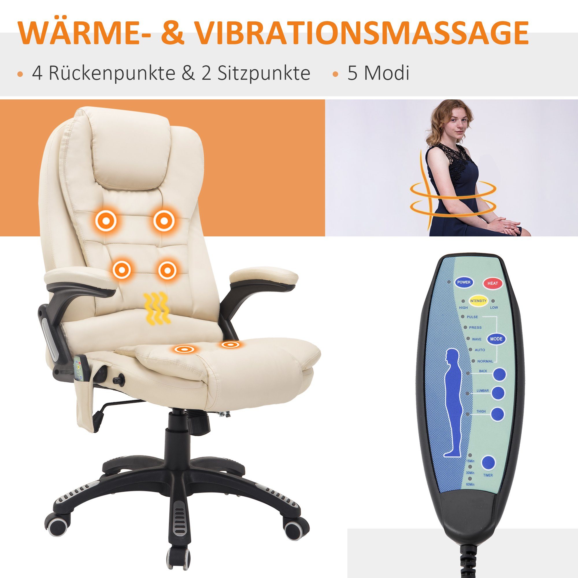 HOMCOM Schreibtischstuhl Massagesessel (Set, 1 Drehstuh Wärmefunktion, Beige St), mit Bürostuhl