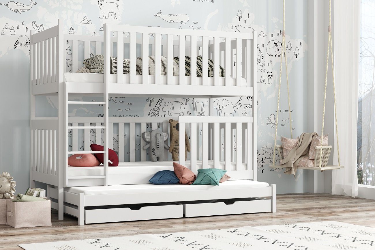 Deine Möbel 24 Etagenbett Hochbett OLIVIA für 3 Kinder 90x200 Weiß aus  Massivholz (Kinderbett mit Rausfallschutz, 2 Bettkästen, Lattenrost und  Leiter), aus Vollholz, in 2 Betten umbaubar, mit Ausziehbett