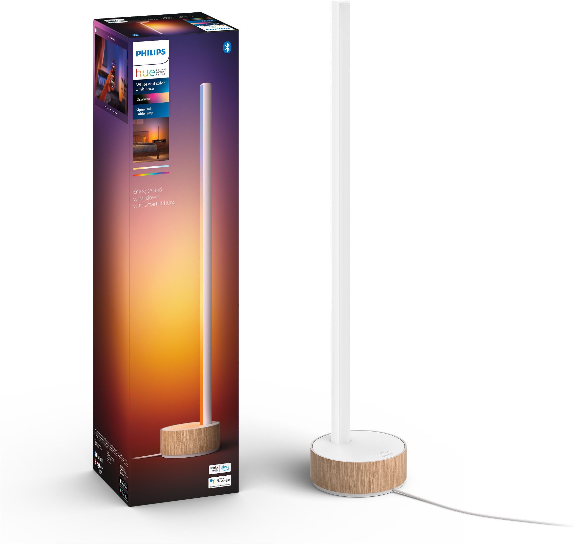 Philips Hue LED Tischleuchte White & Color Ambiance Gradient Signe Oak, Abschaltautomatik, Bluetooth, CCT - über Fernbedienung, Dimmfunktion, Einschlafhilfe, Farbsteuerung, Farbwechsel, Memory, nach Trennung vom Netz, Nachtlichtfunktion, RGB, Smart Home, Timerfunktion, Weckerfunktion, dimmbar über Fernbedienung, mehrere Helligkeitsstufen, LED fest integriert, Farbwechsler, RGB, warmweiß - kaltweiß, App- & Sprachsteuerung, Smart Home, Gradient-Farbverläufe, Holzoptik