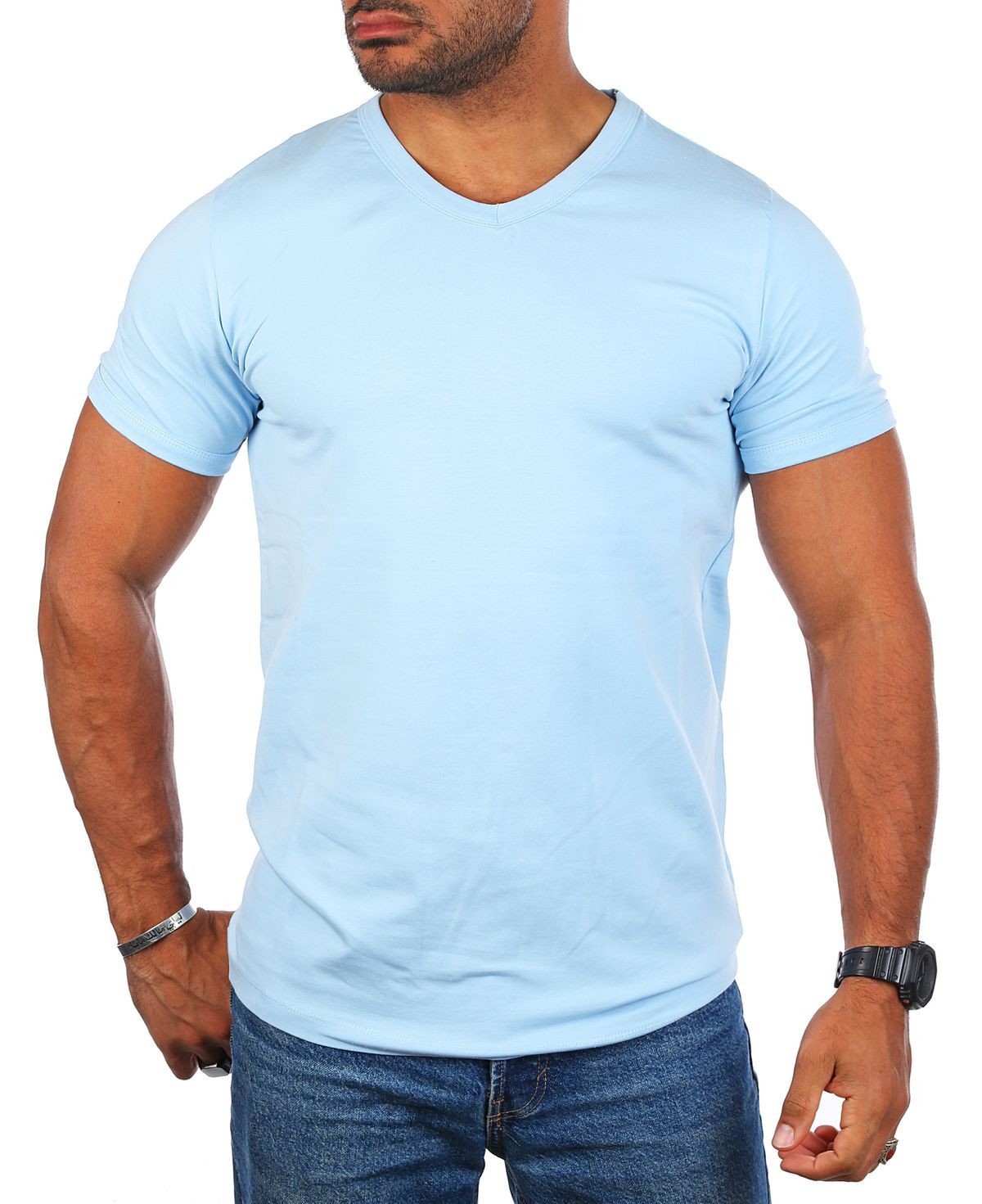 CARISMA T-Shirt Herren Uni Basic tief-breit geschnittener V-Ausschnitt v-neck 4644 V-Ausschnitt unifarben kurzarm slim fit