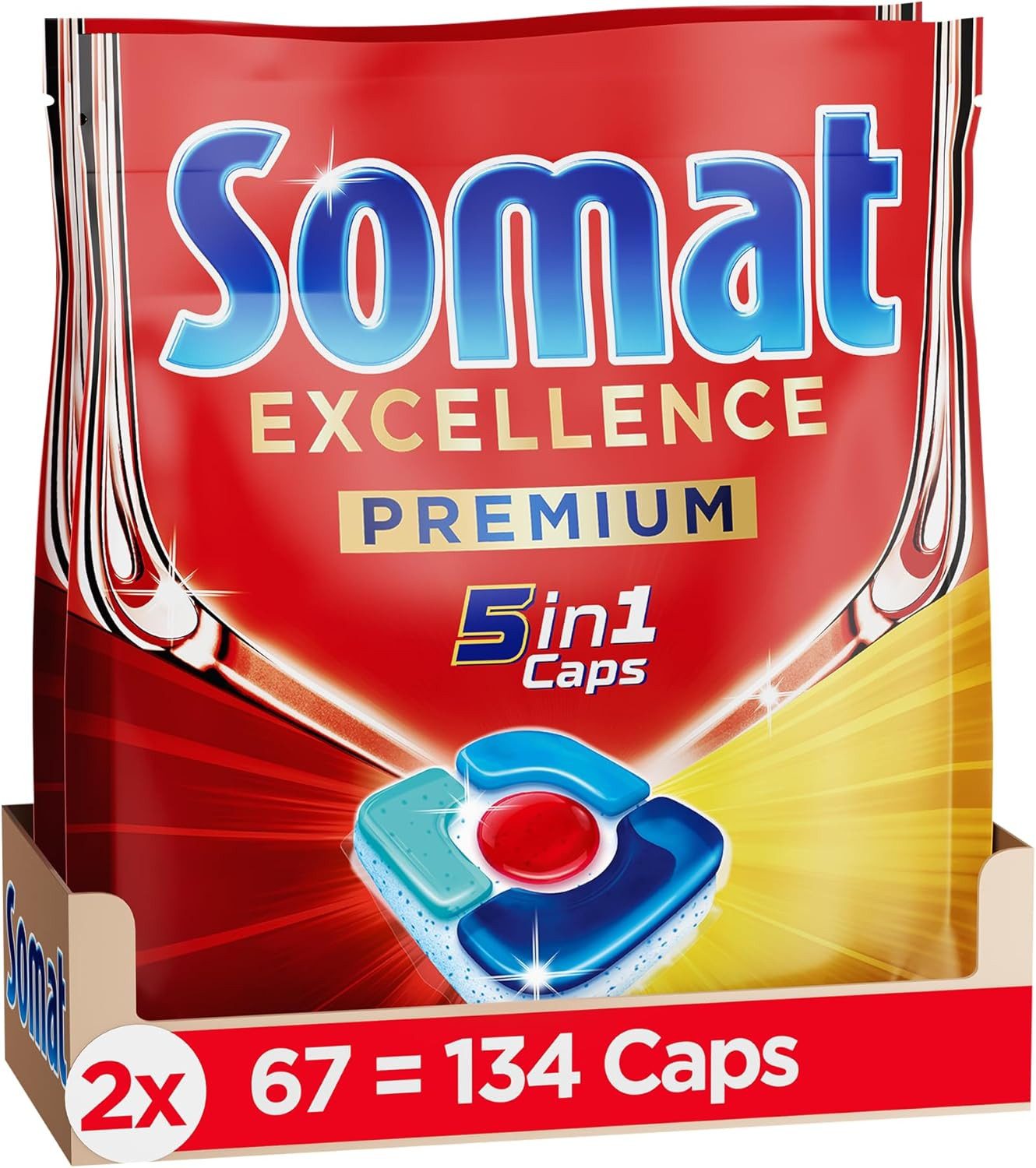 Somat Somat Excellence Premium 5in1 Caps (134 Caps) Spülmaschinentabs (1-St. schnellauflösende Spülmaschinentabs mit Extra Boost)