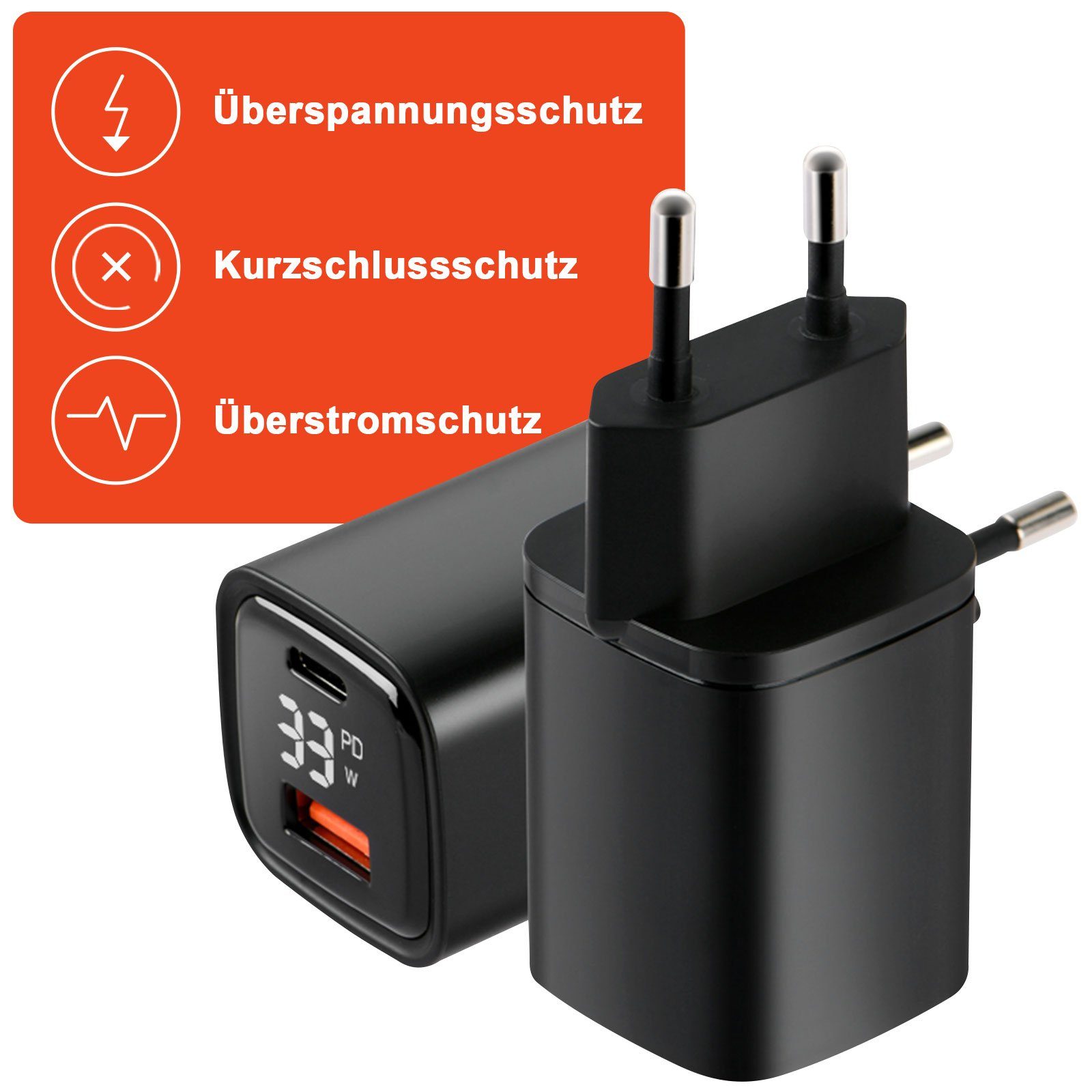 EAXUS 33 Watt USB-A + USB-C Netzteil mit Schnellladefunktion und Display USB-Ladegerät (4000,00 mA, 1-tlg., optional inkl. Schnellladekabel, USB Power Delivery + QC4.0 Schnellladung, zeigt Ladegeschwindigkeit)