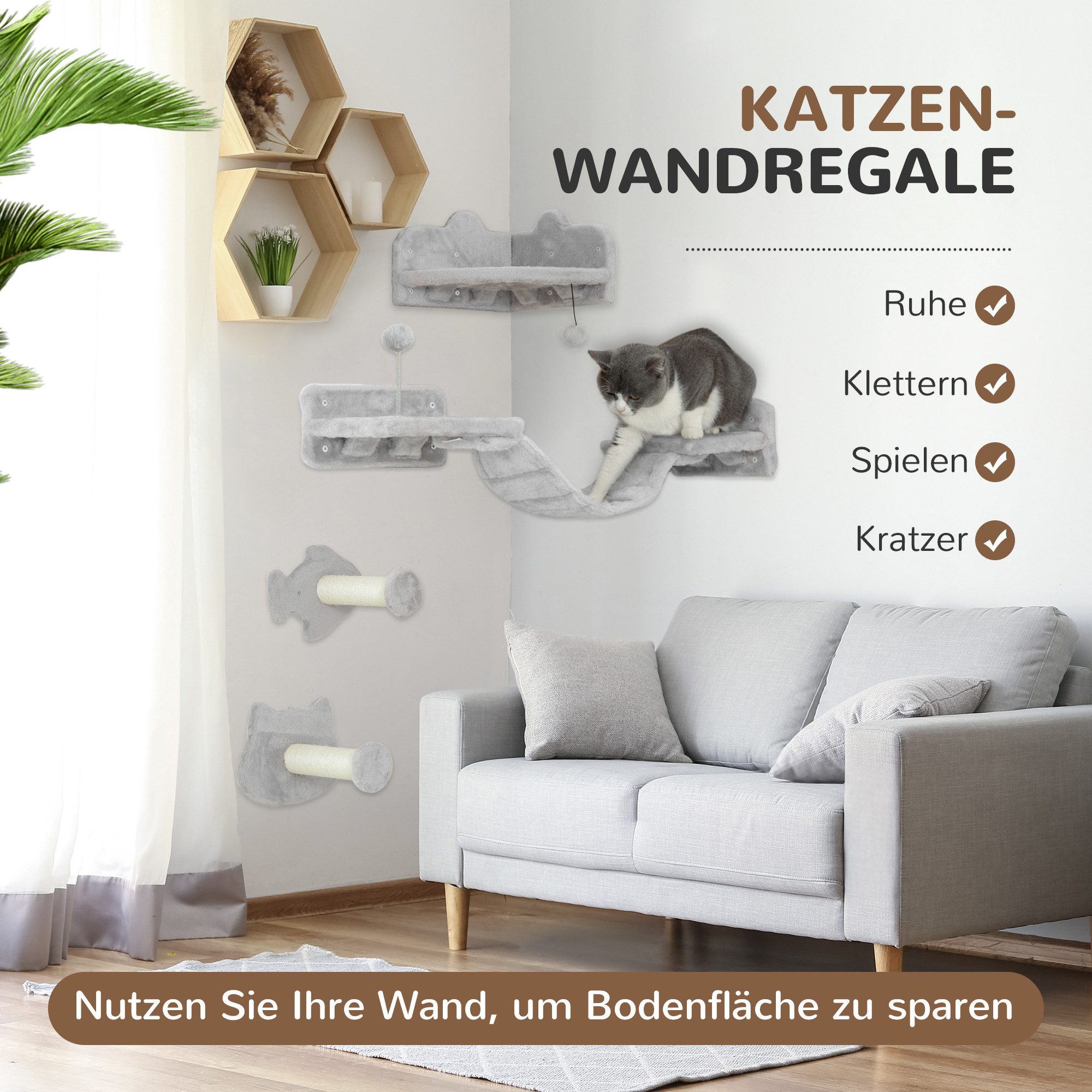 furnicato Katzen-Kletterwand Katzen Kletterwand Set Hellgrau 90B x 26T x 12,5H cm, Kratzbaum-Wandset mit Sisalstufen und weicher Leiter für die Wohnung
