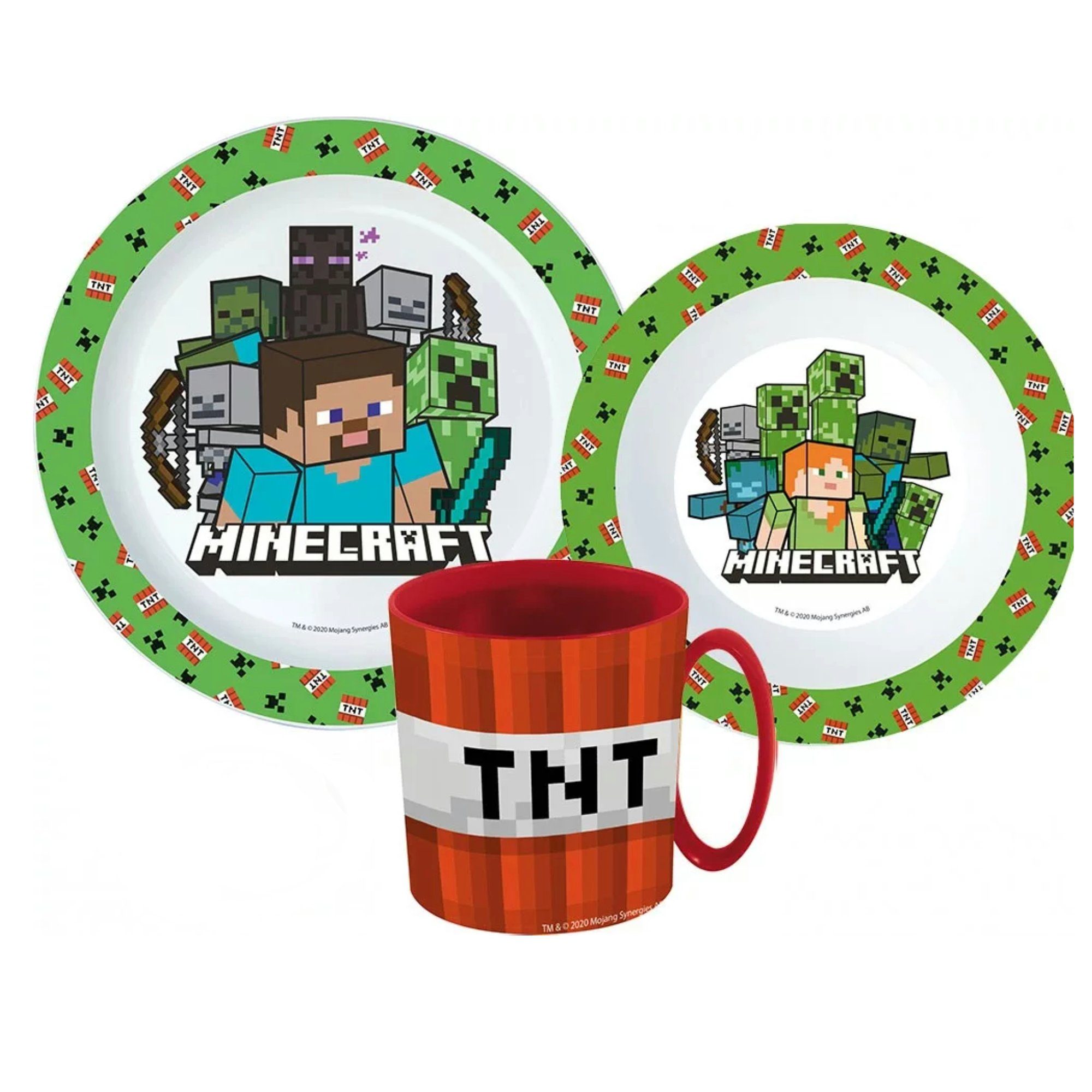 Steve Schüssel Alex Geschirr-Set Creeper Set (3-tlg), 1 Kinder Personen, Teller Minecraft Kunststoff 3er Minecraft Becher