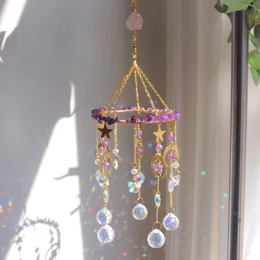 Karmandala Fensterdekoration Windspiel Edelstein Sonnenfänger mit Kristall Lichtspiel, echte Amethyst Natursteine für Ruhe, Klarheit und Intuition