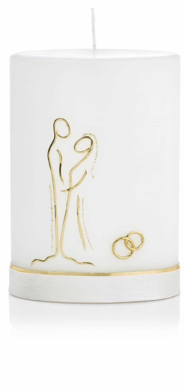 INNA-Glas Stumpenkerze Trauungskerze Oval LEIGHTON, verziert, weiß-gold, 20cm, Ø13,5cm