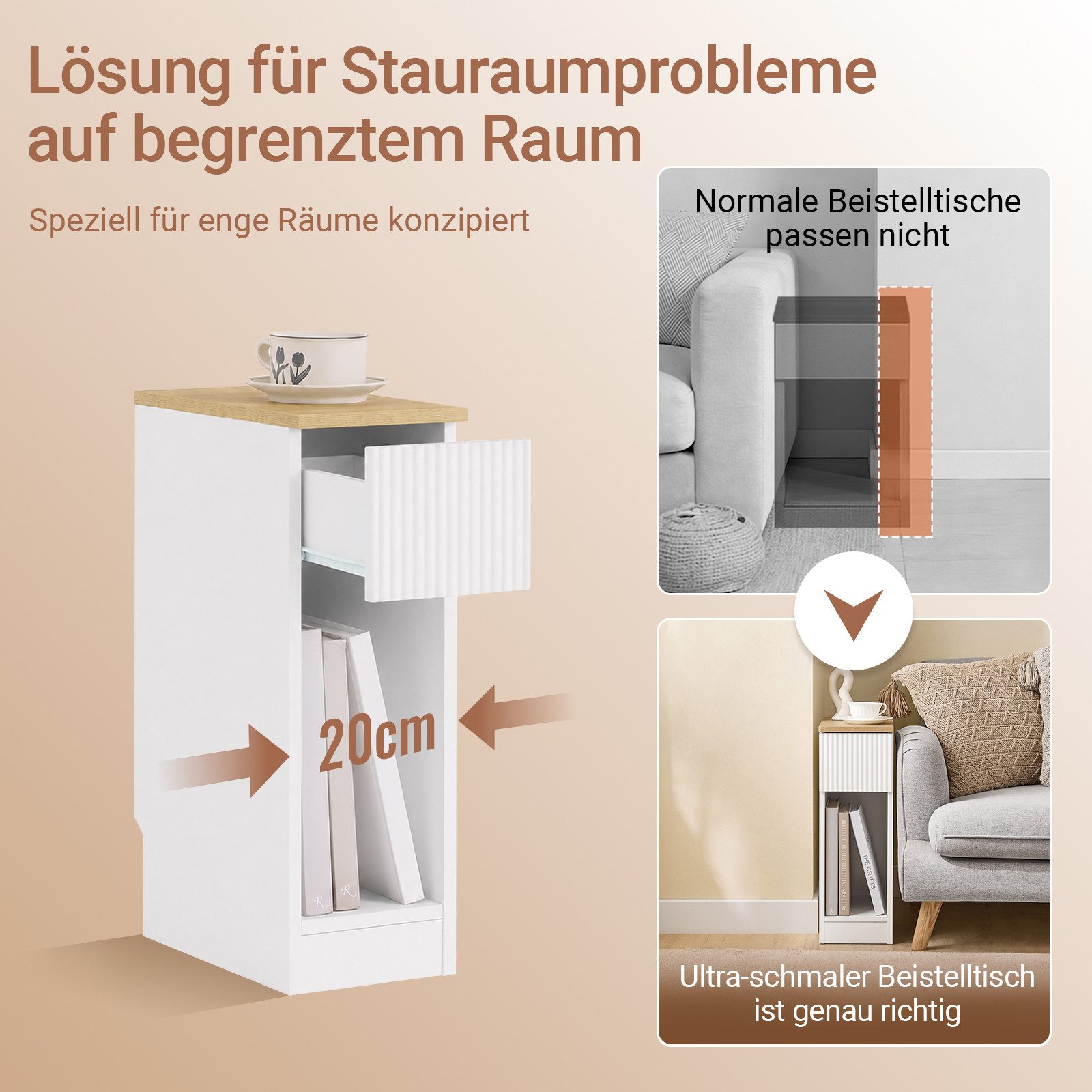 SoBuy Nachttisch FBT111, Nachtschrank kleiner Beistelltisch 20cm Breite, Nightstand, Nachttisch schmal, mit Schublade, Schlafzimmer Wohnzimmer kleine Räume